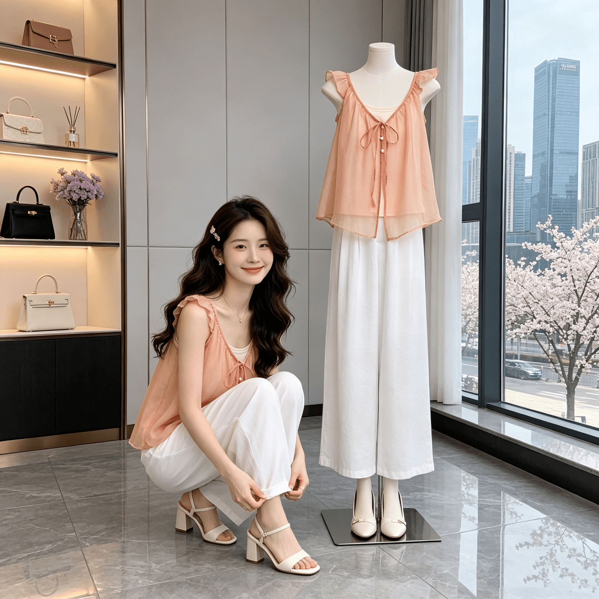 Ouyang 안녕하세요. 들이 귤 스택 착용 캐미솔 두 조각 여성 세트 여름 루즈핏 작은 날다 소매 작은 셔츠 맨위 상세 이미지 2