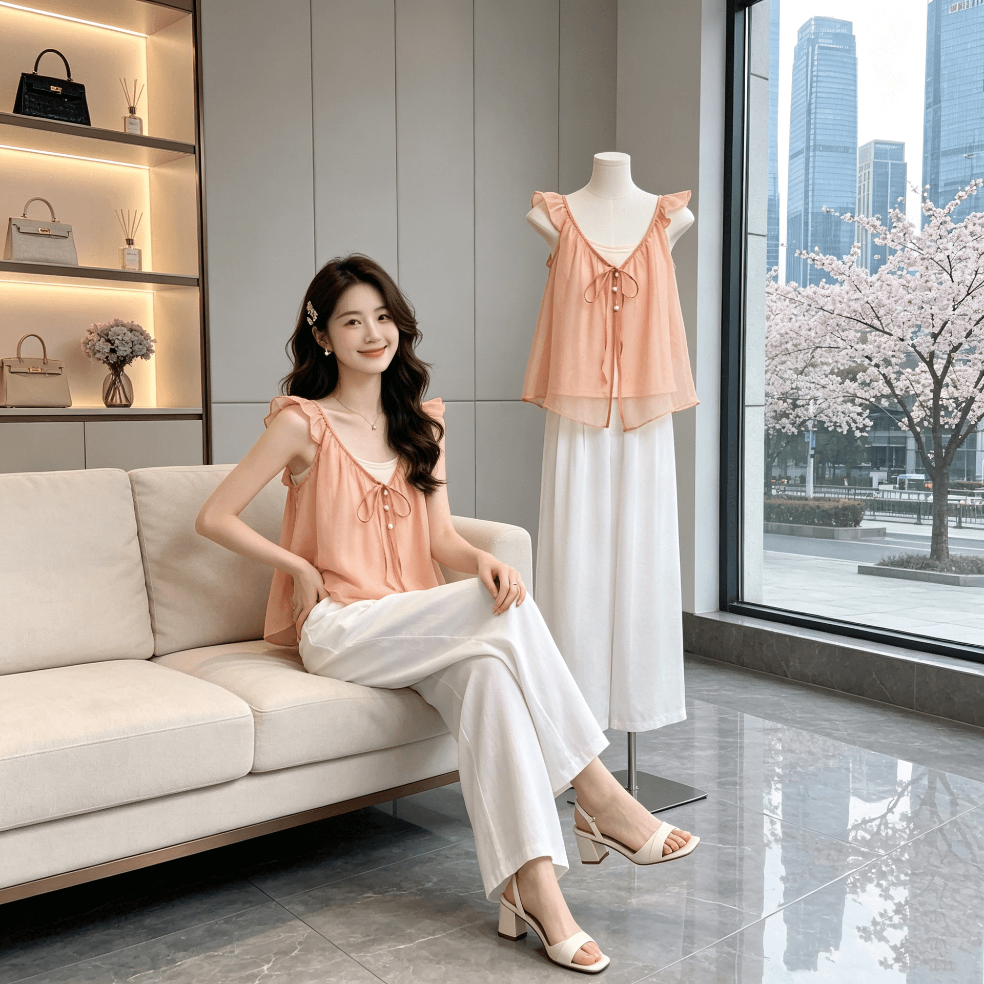Ouyang 안녕하세요. 들이 귤 스택 착용 캐미솔 두 조각 여성 세트 여름 루즈핏 작은 날다 소매 작은 셔츠 맨위 상세 이미지 3