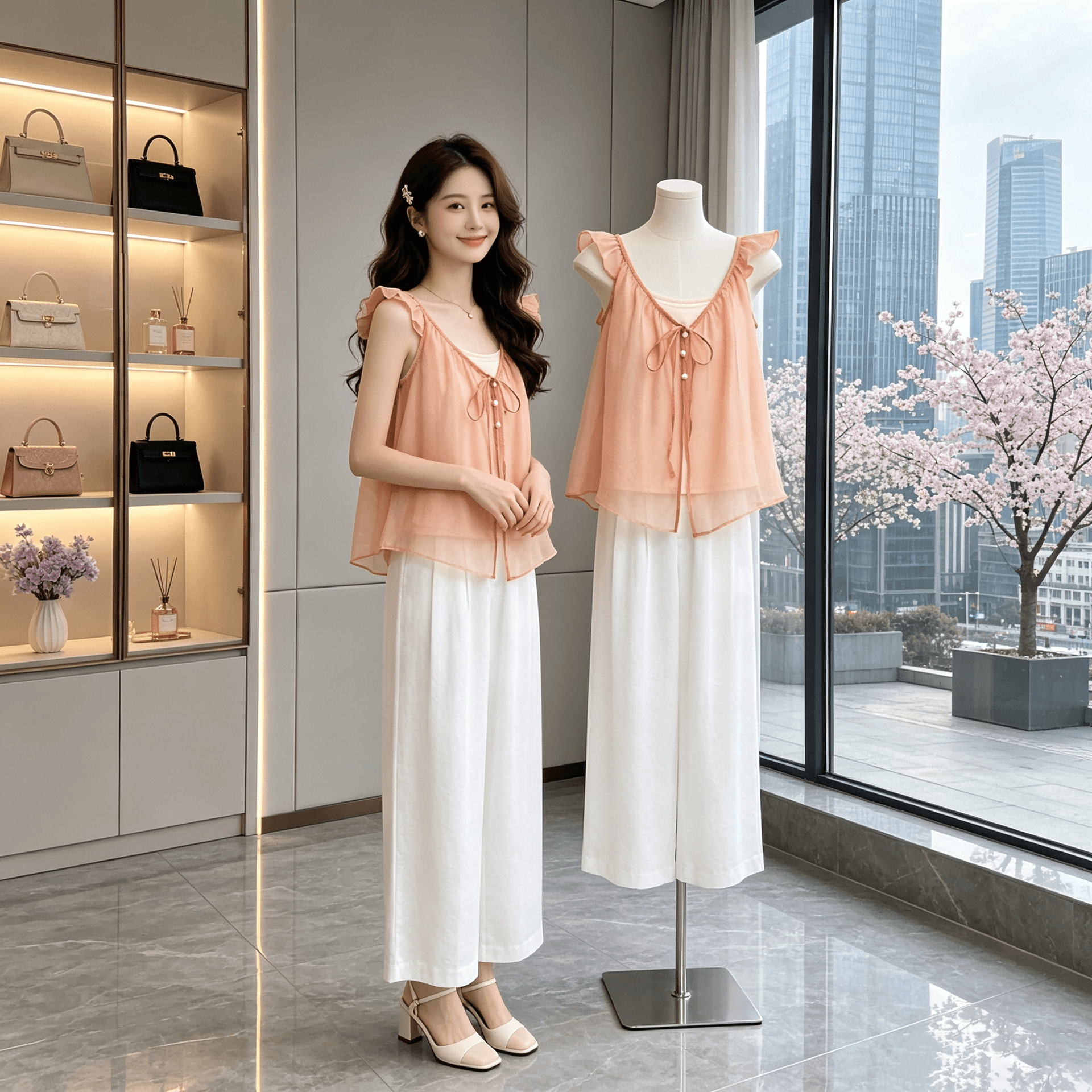 Ouyang 안녕하세요. 들이 귤 스택 착용 캐미솔 두 조각 여성 세트 여름 루즈핏 작은 날다 소매 작은 셔츠 맨위 상세 이미지 7