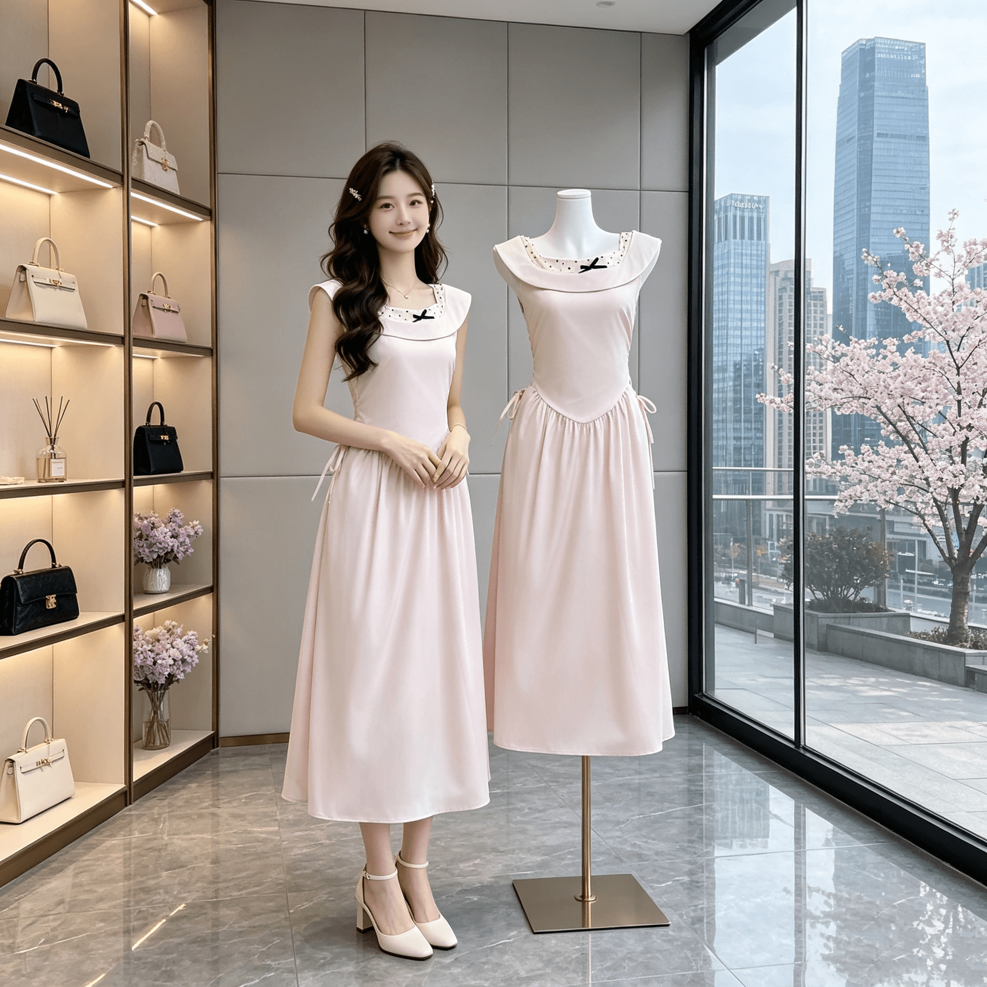 다우 시시 주간 녹색 레몬 여름 머리말 레트로 소녀 폴로 칼라 패치워크 허리 수축 롱 스커트 여름 허리 측면 펌프 로프 드레스 상세 이미지 15
