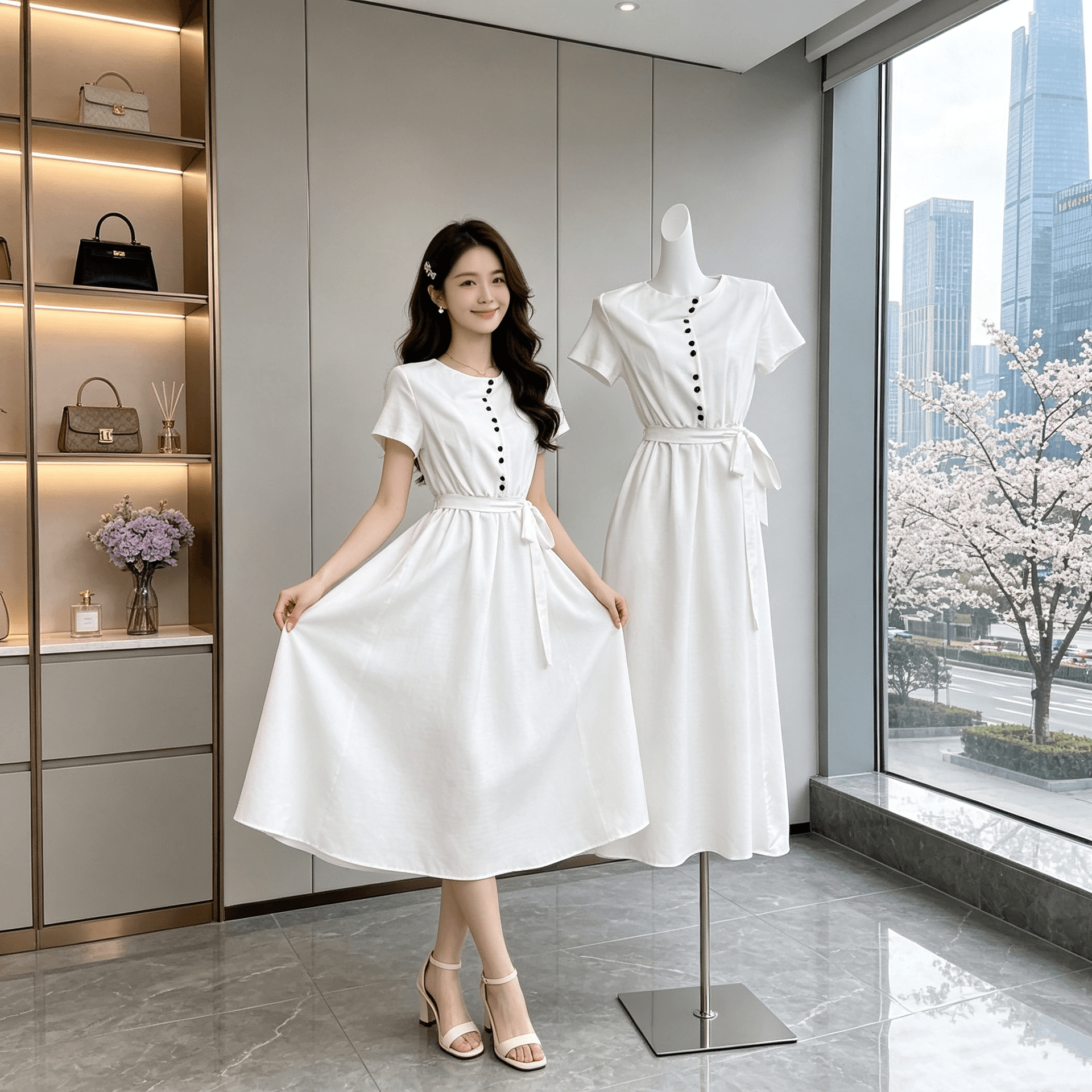 II 양 디자인 와 봄 돌아 가기 익스트림 제인 출퇴근 품격 여성 드레스 스탠드 칼라 단추 하이웨이스트 롱 스커트 이미지 2