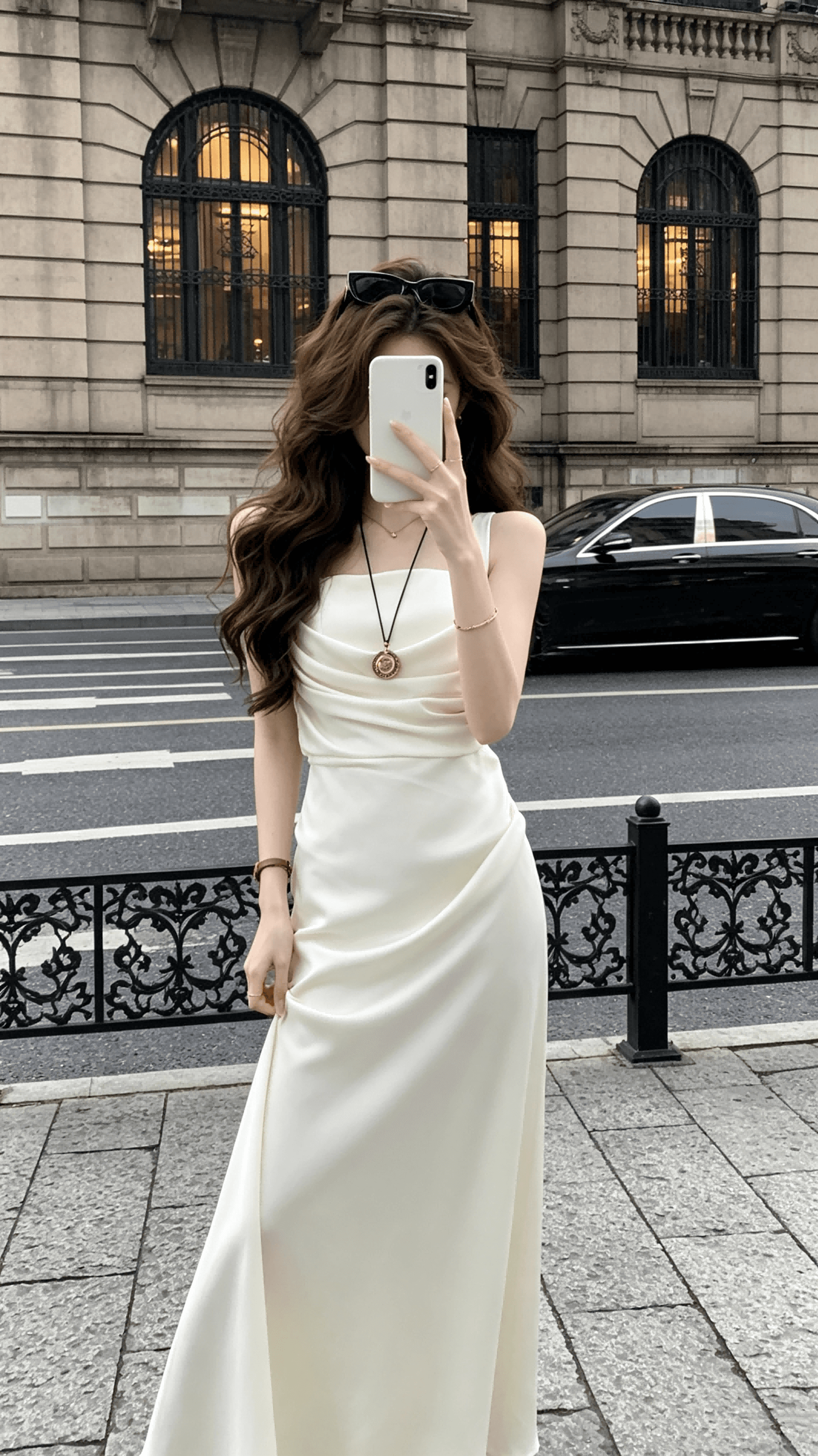 하나부터 순간 선 구름 프랑스식 새틴 슬립 여성 드레스 고급 펌프 Pleat 디자인 허리 수축 슬림해 보이는 롱 스커트 이미지 4