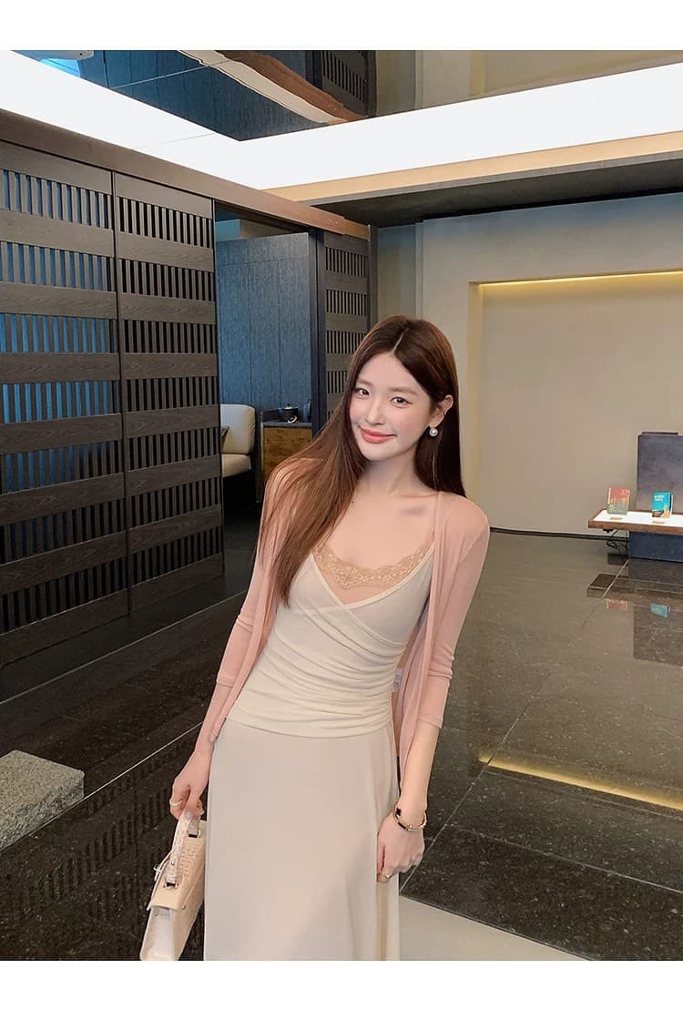 섬 노래 레이디 슈퍼 아름다움 페이크 레이어드 레이스 조각 슬립 드레스 스택 착용 롱 코트 한 마디 여성 드레스 여름 몸매 가꾸기 상세 이미지 21