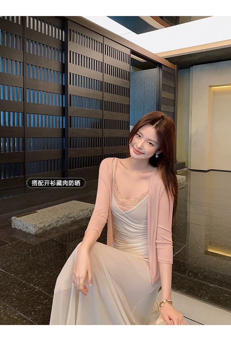 섬 노래 레이디 슈퍼 아름다움 페이크 레이어드 레이스 조각 슬립 드레스 스택 착용 롱 코트 한 마디 여성 드레스 여름 몸매 가꾸기 상세 이미지 24