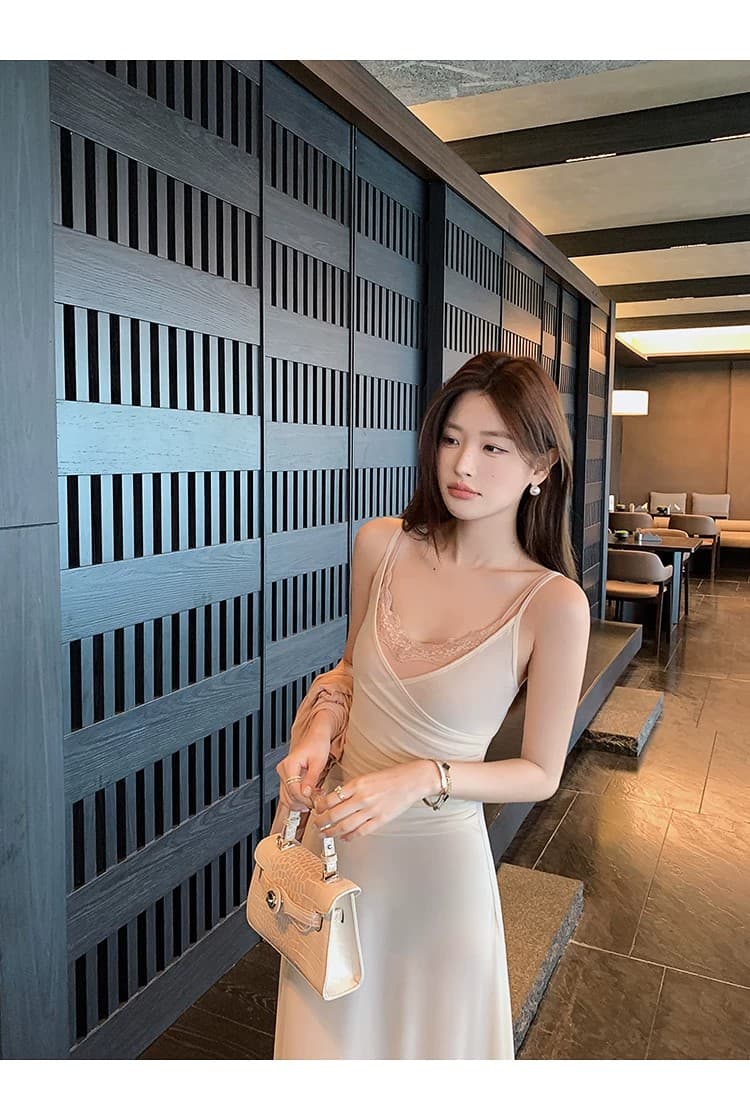 섬 노래 레이디 슈퍼 아름다움 페이크 레이어드 레이스 조각 슬립 드레스 스택 착용 롱 코트 한 마디 여성 드레스 여름 몸매 가꾸기 상세 이미지 50