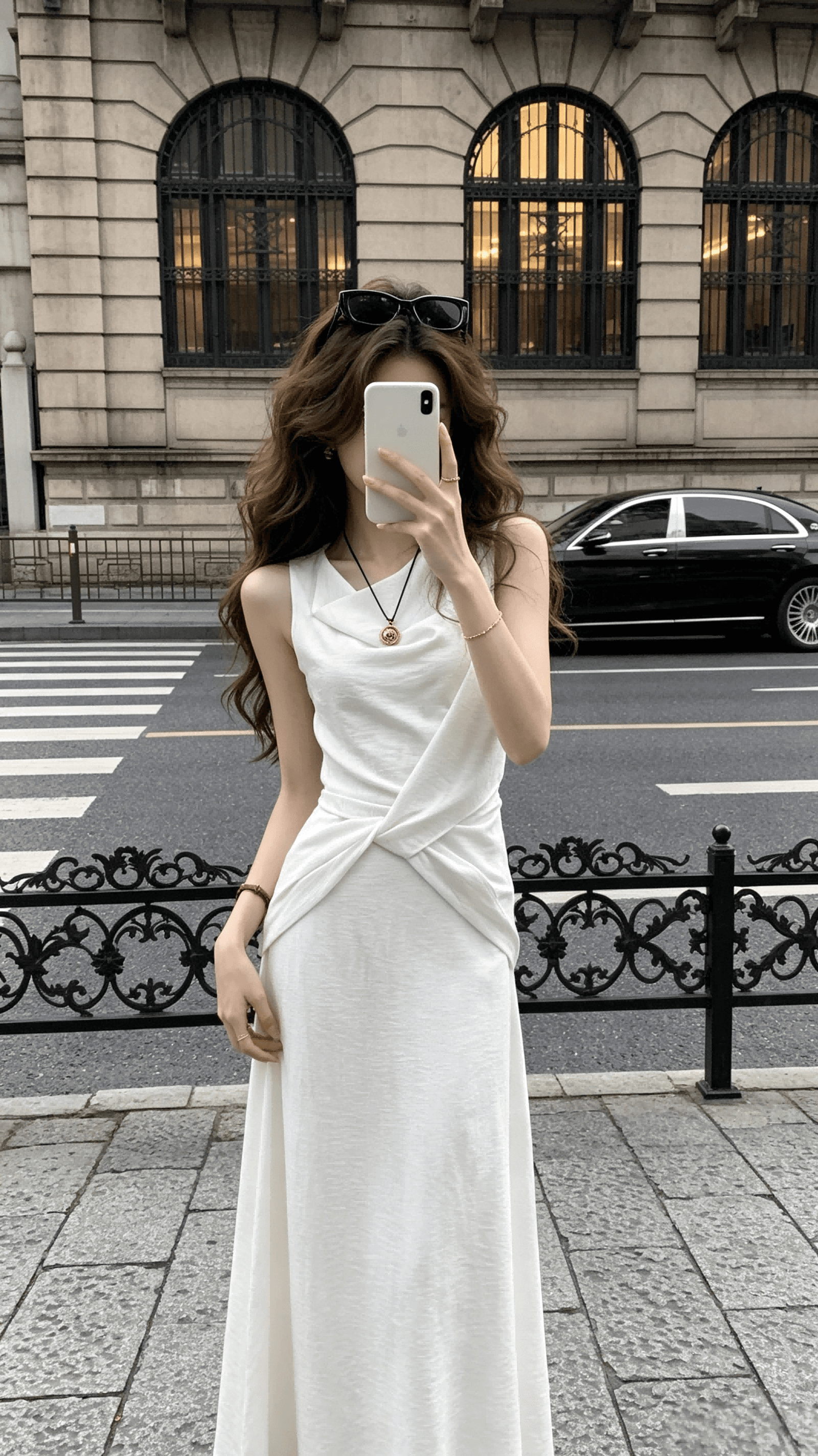 주 시 시 한여름 하얀 배 아마 품격 디자인 센스 민소매 흔들다 칼라 화이트 드레스 허리 수축 롱 코트 여름 이미지 2
