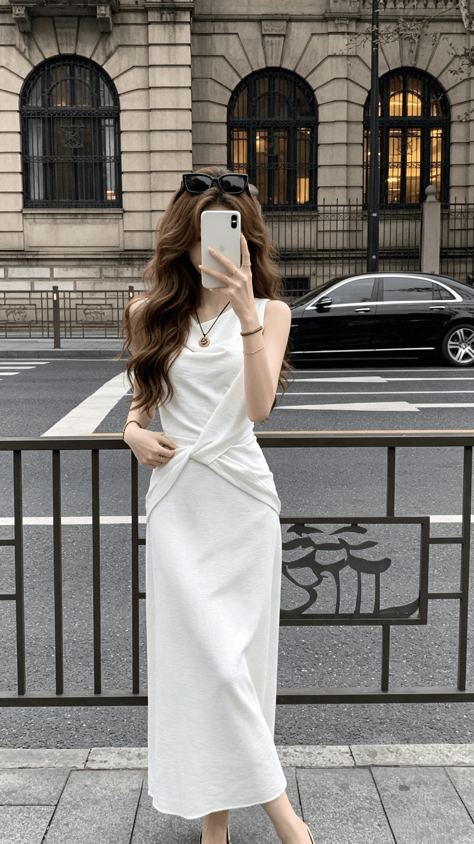 주 시 시 한여름 하얀 배 아마 품격 디자인 센스 민소매 흔들다 칼라 화이트 드레스 허리 수축 롱 코트 여름 상세 이미지 2
