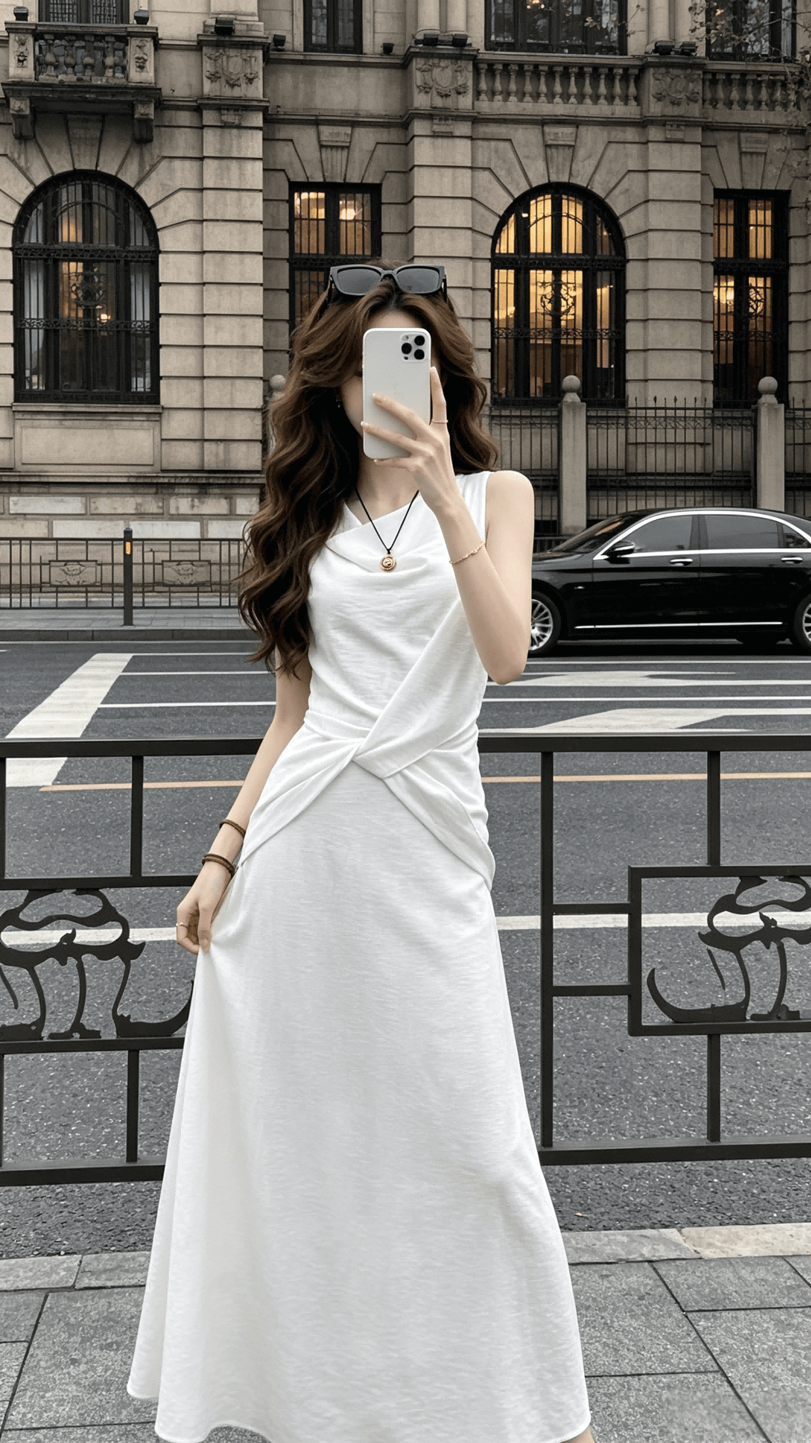 주 시 시 한여름 하얀 배 아마 품격 디자인 센스 민소매 흔들다 칼라 화이트 드레스 허리 수축 롱 코트 여름 상세 이미지 3