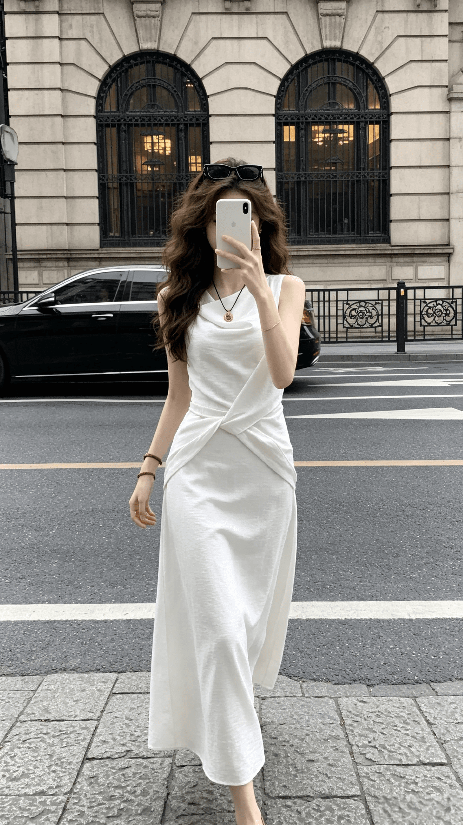 주 시 시 한여름 하얀 배 아마 품격 디자인 센스 민소매 흔들다 칼라 화이트 드레스 허리 수축 롱 코트 여름 상세 이미지 6