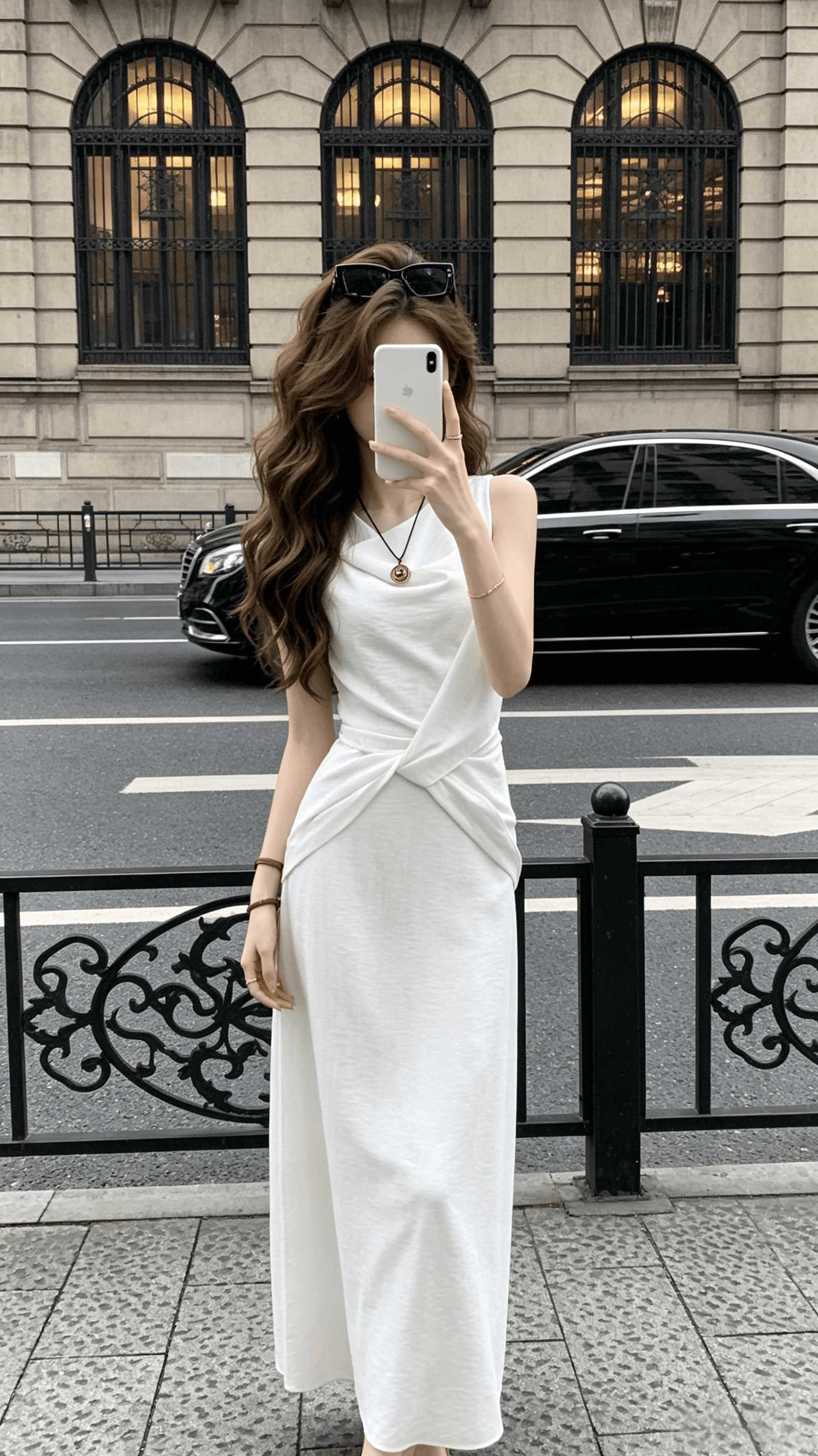 주 시 시 한여름 하얀 배 아마 품격 디자인 센스 민소매 흔들다 칼라 화이트 드레스 허리 수축 롱 코트 여름 상세 이미지 9