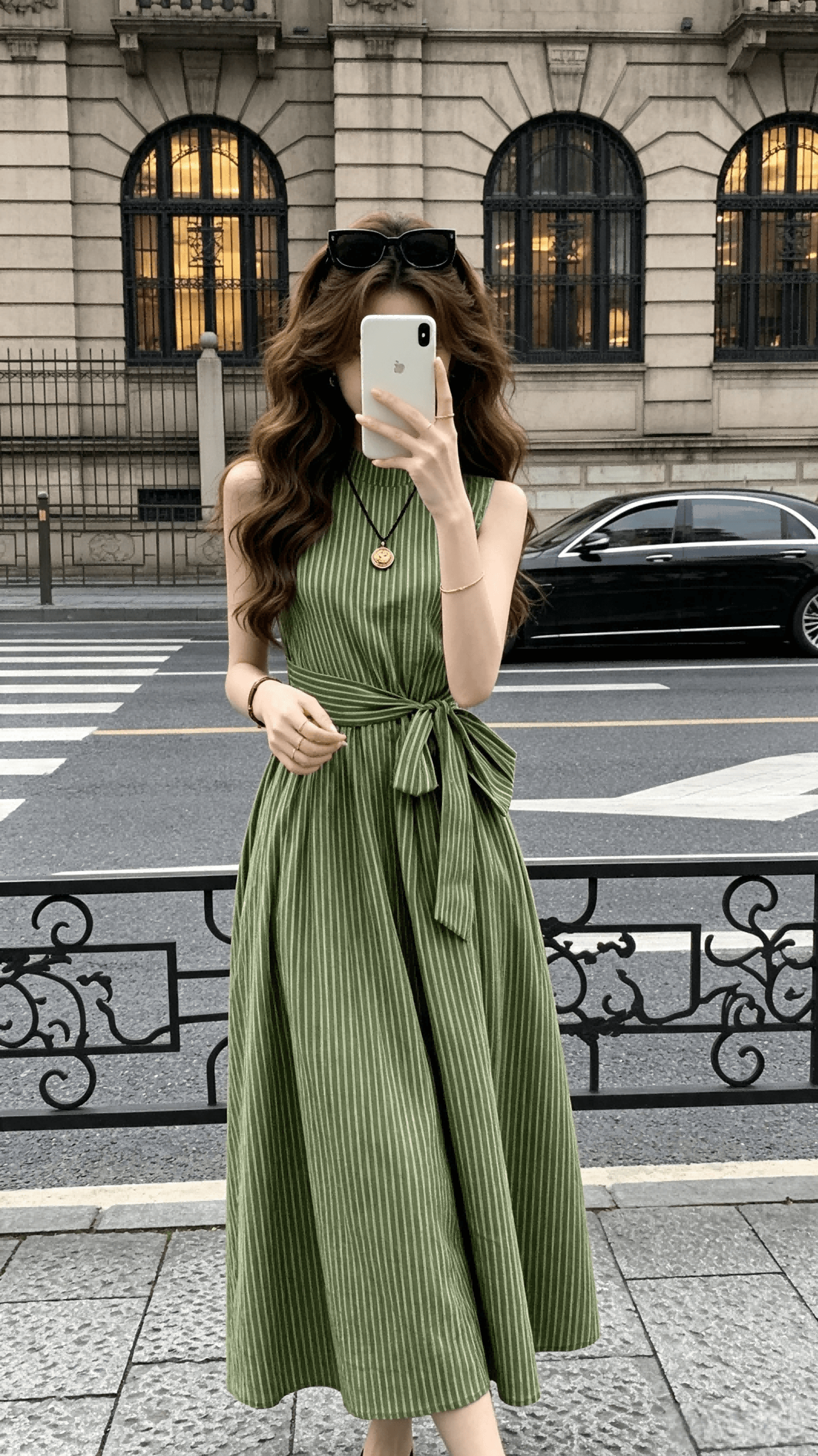 새싹 잘 생긴 녹색 레몬 푸른 잔디 신선함 스트라이프 민소매 여성 드레스 여름 허리 수축 레이스업 슬림해 보이는 출퇴근 롱 스커트 상세 이미지 5