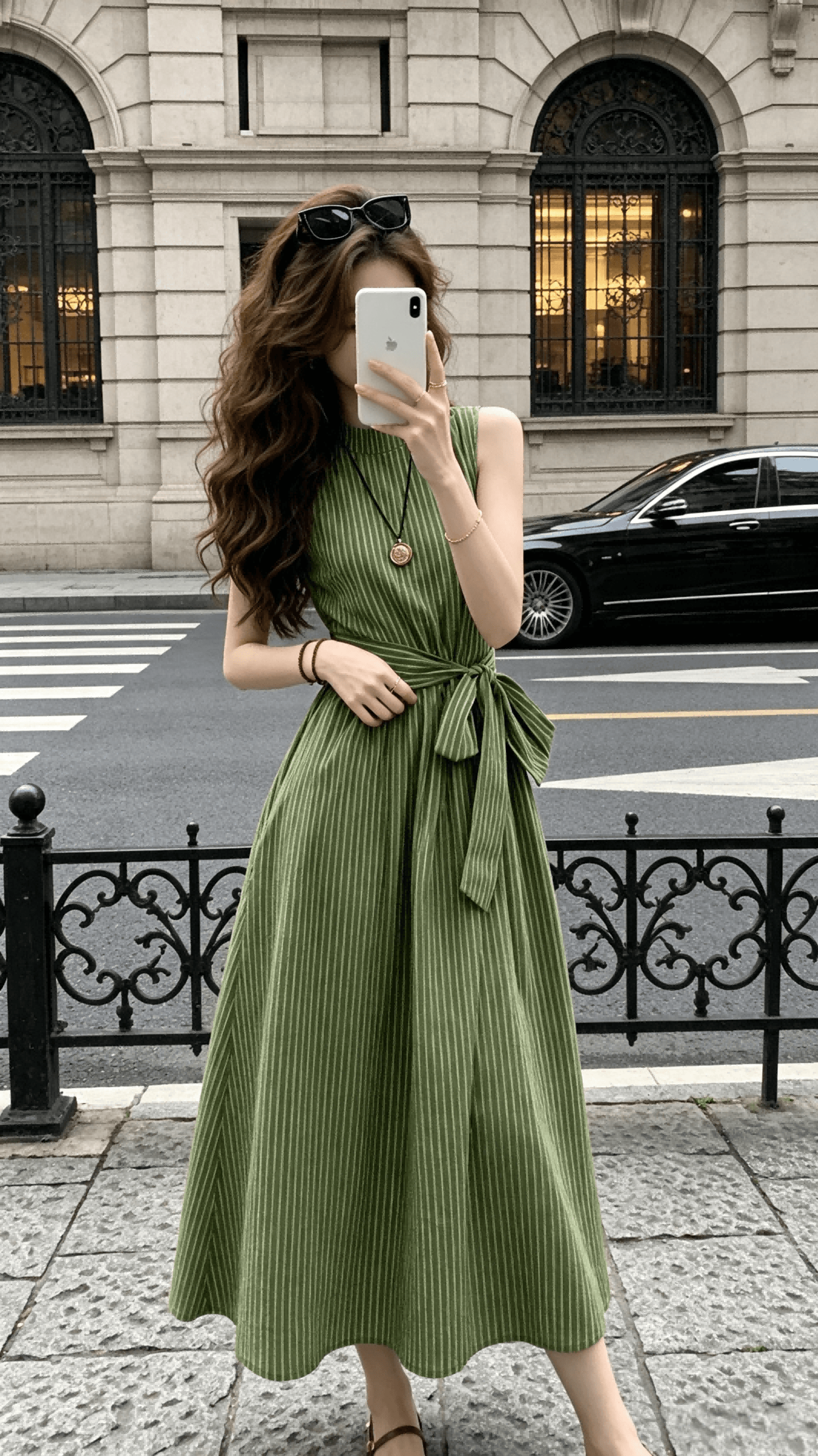 새싹 잘 생긴 녹색 레몬 푸른 잔디 신선함 스트라이프 민소매 여성 드레스 여름 허리 수축 레이스업 슬림해 보이는 출퇴근 롱 스커트 상세 이미지 8
