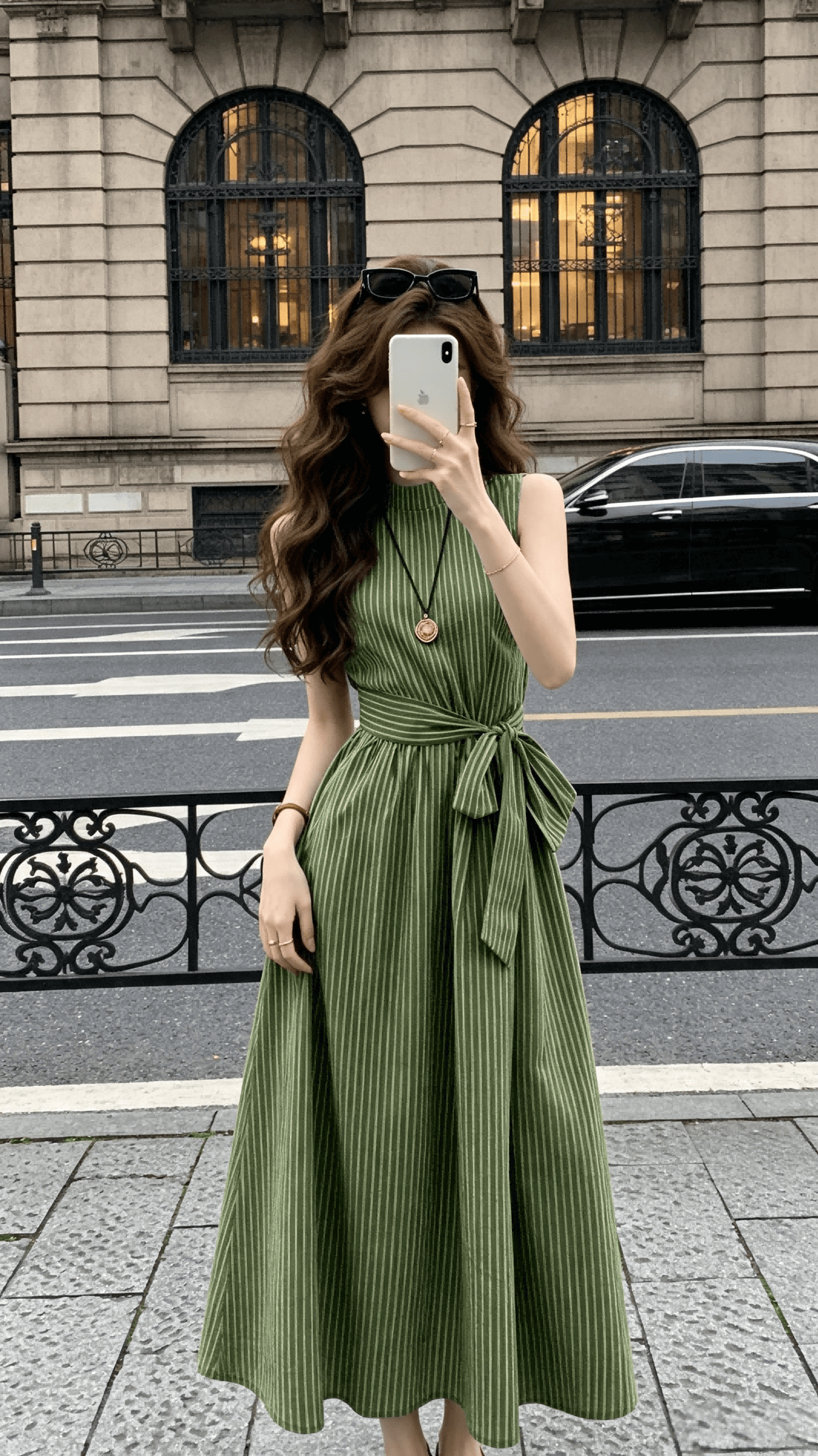새싹 잘 생긴 녹색 레몬 푸른 잔디 신선함 스트라이프 민소매 여성 드레스 여름 허리 수축 레이스업 슬림해 보이는 출퇴근 롱 스커트 상세 이미지 9