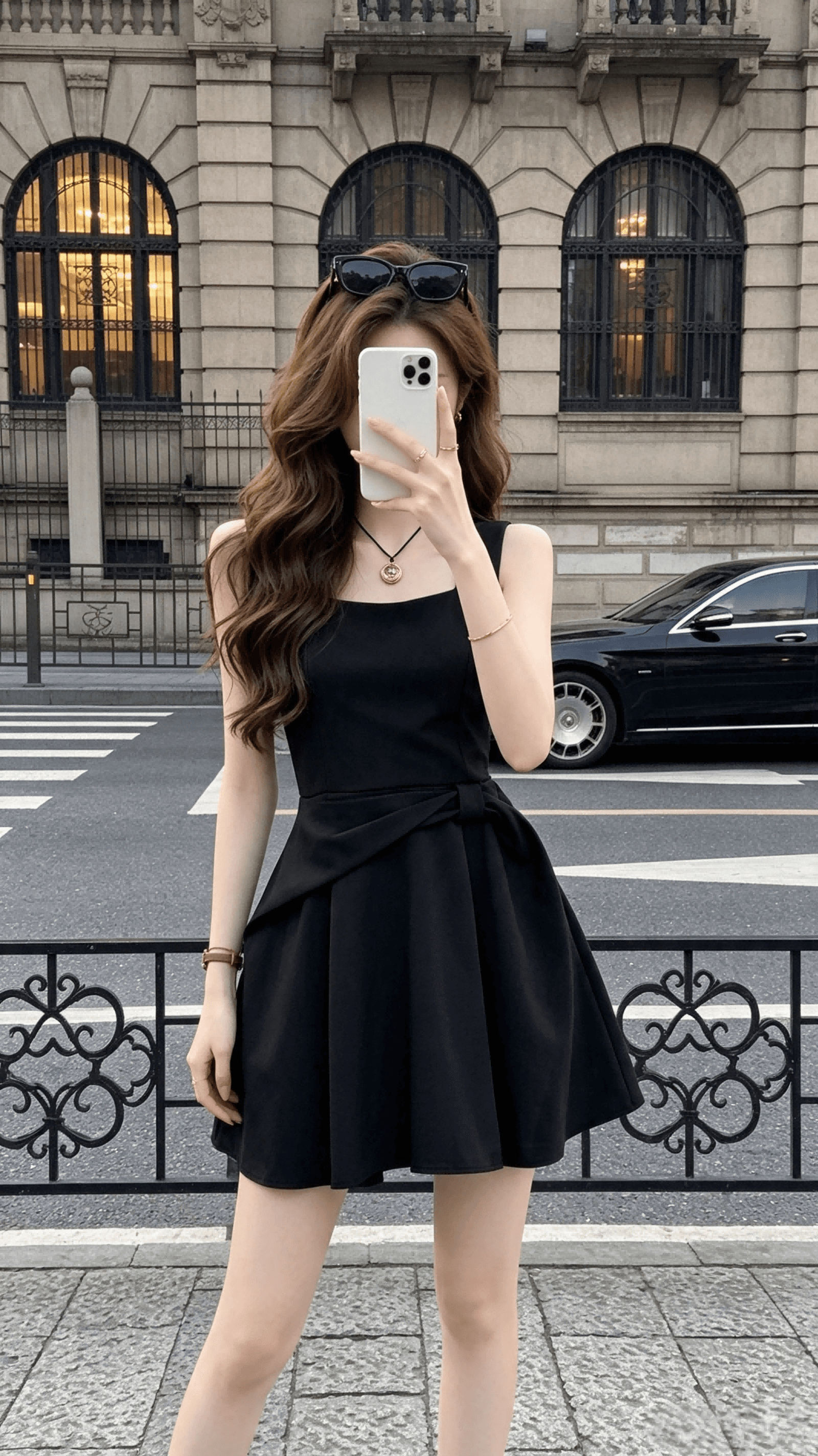 qdqd 천 골드 센스 허리 수축 나비 매듭 디자인 센스 드레스 여름 새로운 허리 수축 슬림해 보이는 검정색 멜빵 스커트 이미지 2
