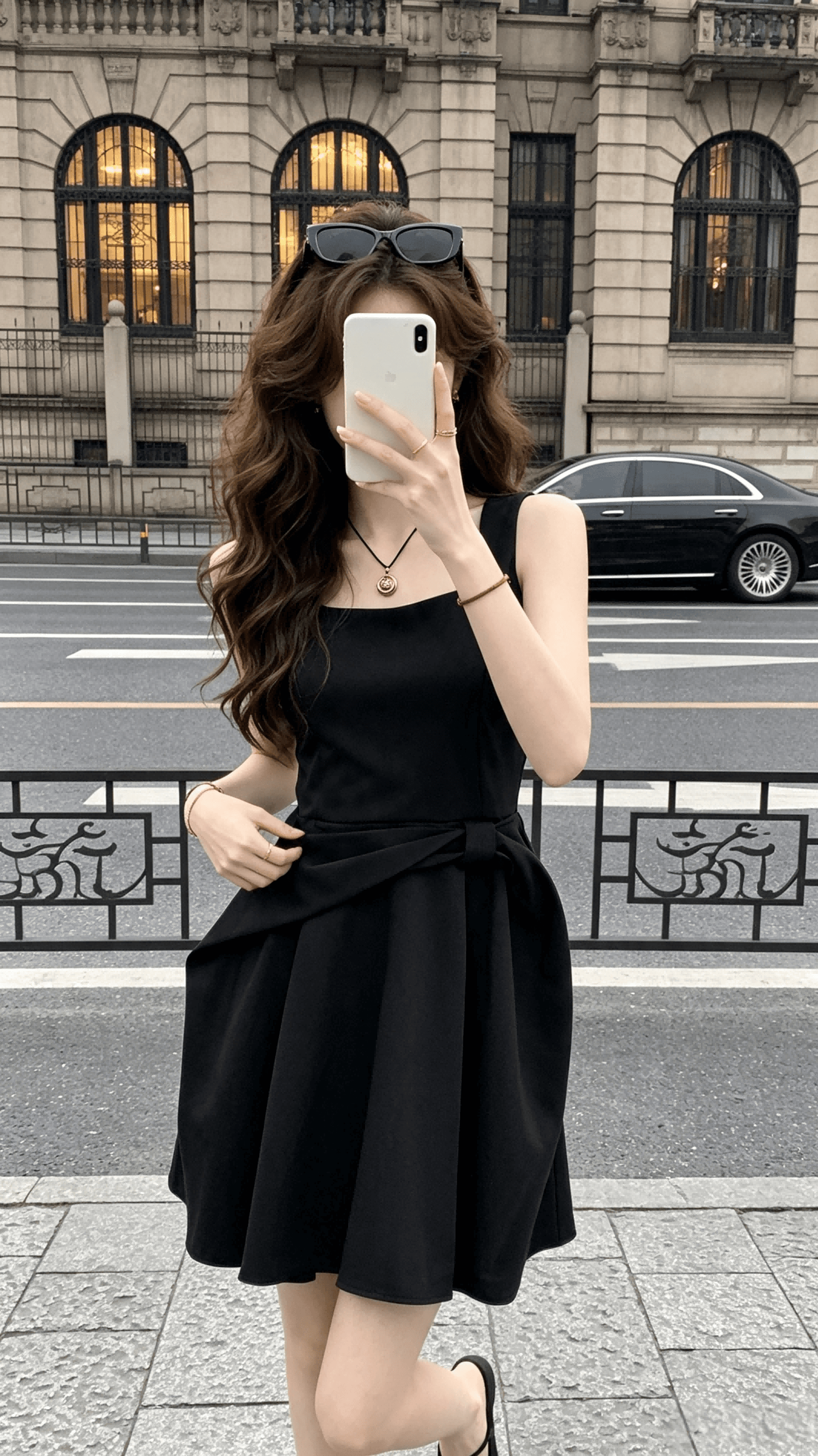 qdqd 천 골드 센스 허리 수축 나비 매듭 디자인 센스 드레스 여름 새로운 허리 수축 슬림해 보이는 검정색 멜빵 스커트 상세 이미지 6