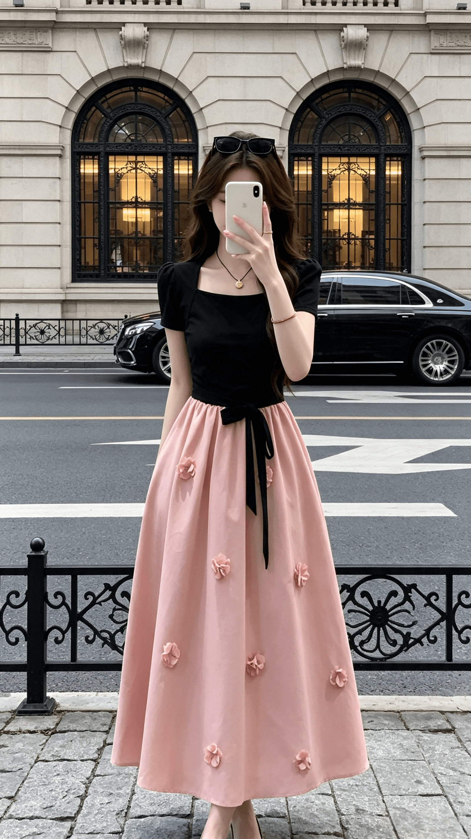 lili 리 리 가족 블랙 분말 모네 프랑스식 디자인 센스 3 차원 꽃 롱 스커트 패치워크 허리 수축 여성 드레스