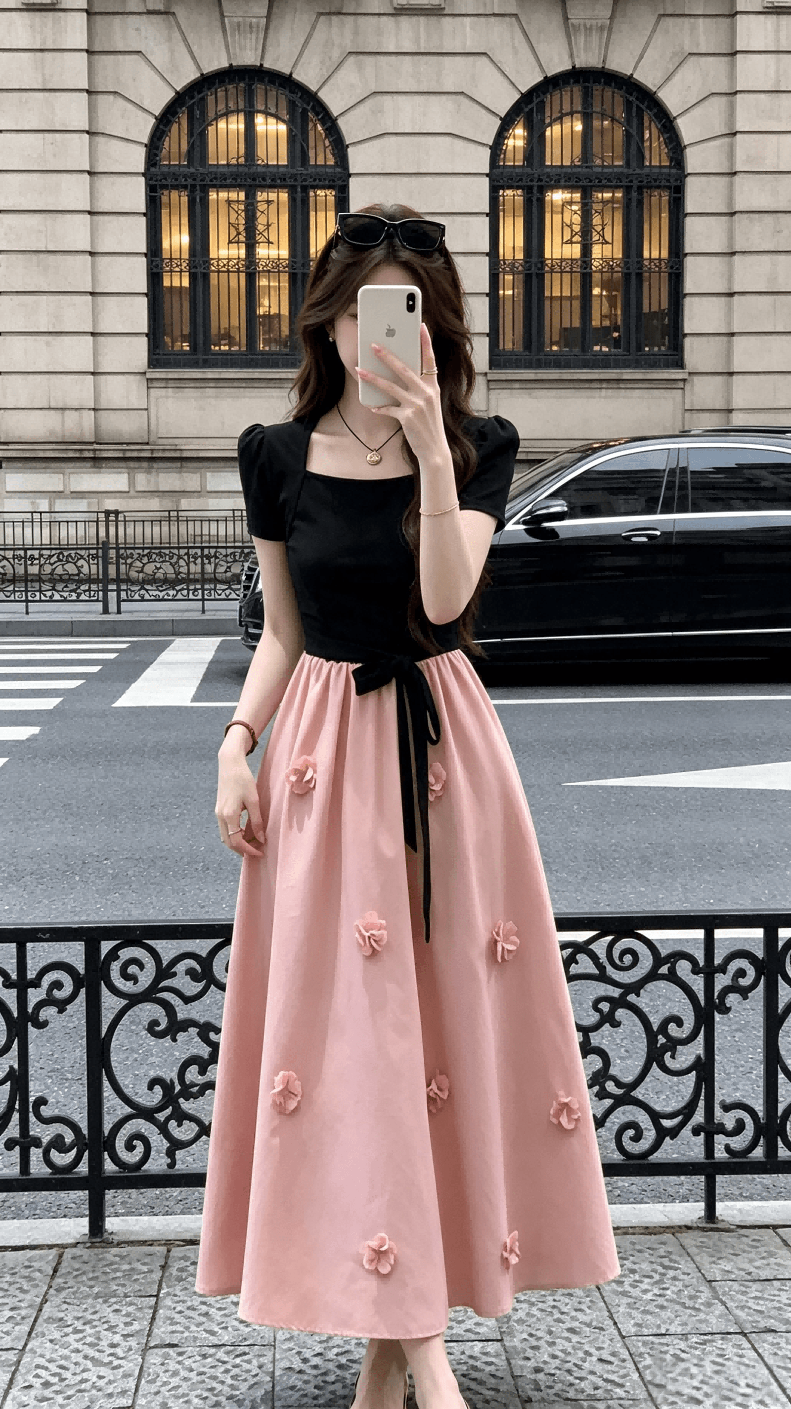 lili 리 리 가족 블랙 분말 모네 프랑스식 디자인 센스 3 차원 꽃 롱 스커트 패치워크 허리 수축 여성 드레스 상세 이미지 2
