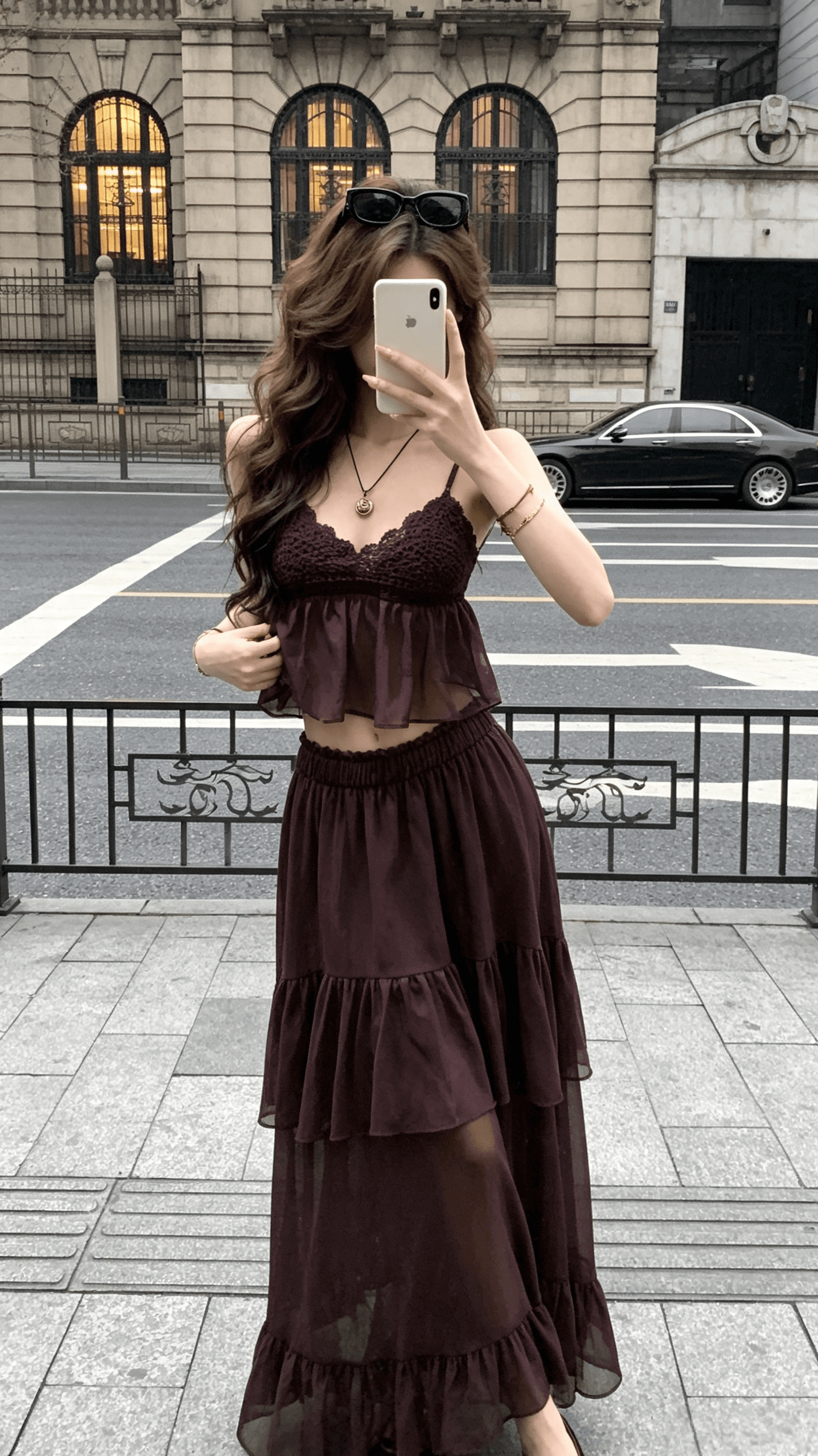 jayky yang 팬 스택 짙은 향기 수공 짜임 캐미솔 다중 레이어 주름 롱 코트 반신 치마 세트 이미지 2