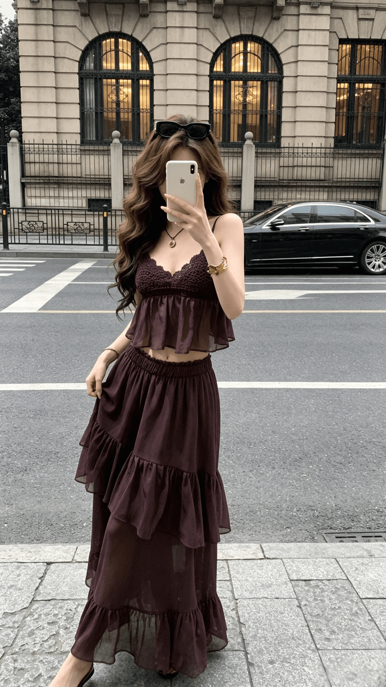 jayky yang 팬 스택 짙은 향기 수공 짜임 캐미솔 다중 레이어 주름 롱 코트 반신 치마 세트 이미지 4