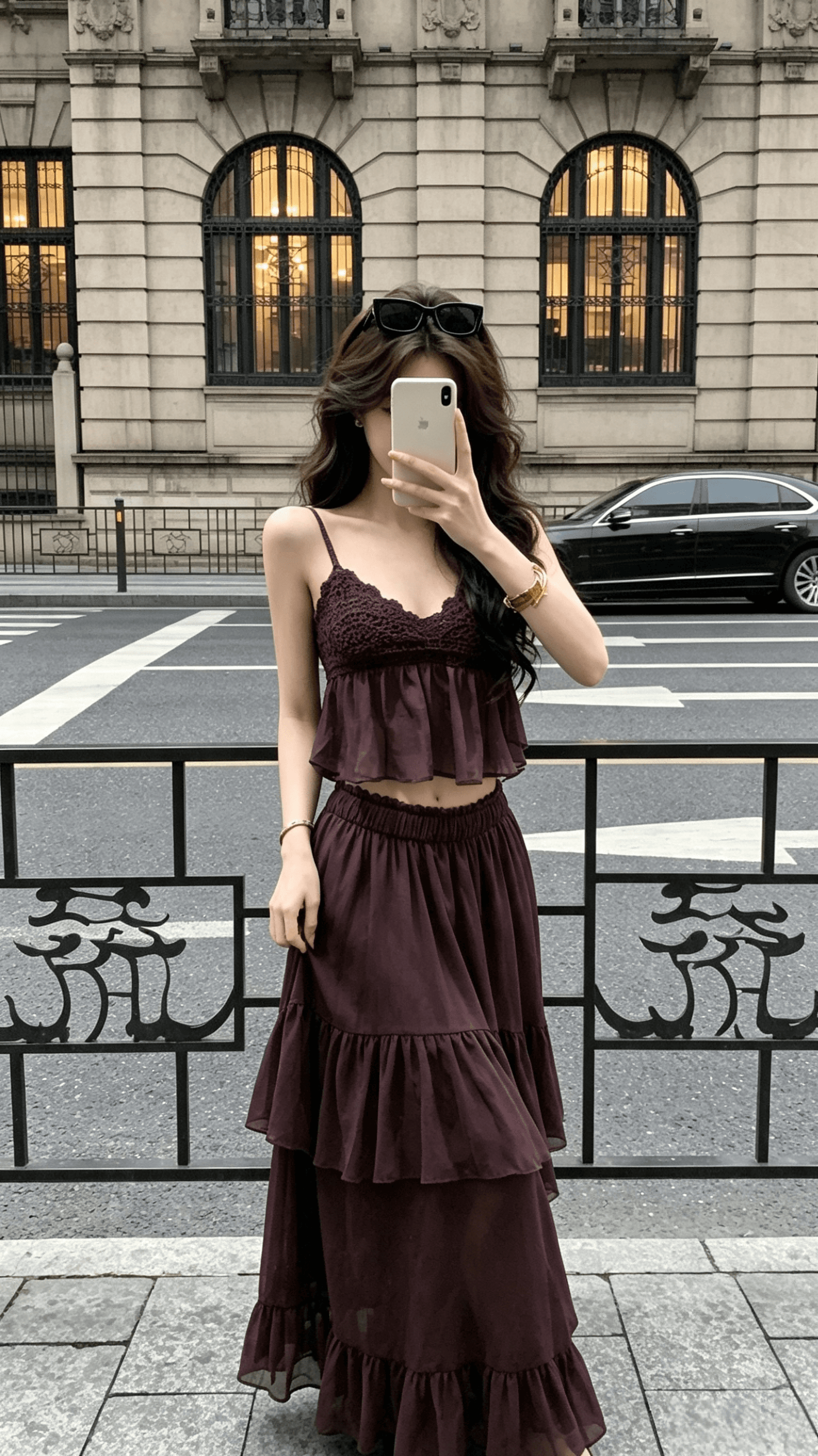 jayky yang 팬 스택 짙은 향기 수공 짜임 캐미솔 다중 레이어 주름 롱 코트 반신 치마 세트 상세 이미지 4