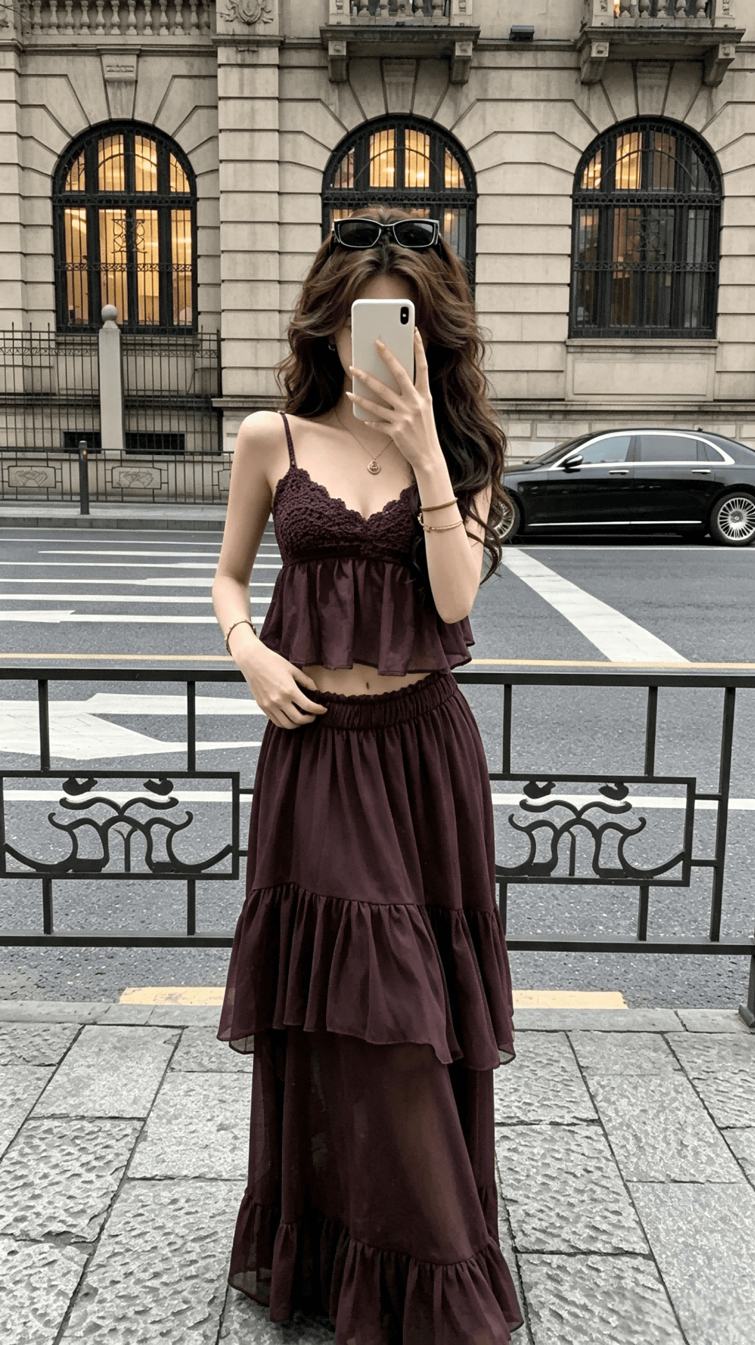 jayky yang 팬 스택 짙은 향기 수공 짜임 캐미솔 다중 레이어 주름 롱 코트 반신 치마 세트 상세 이미지 5