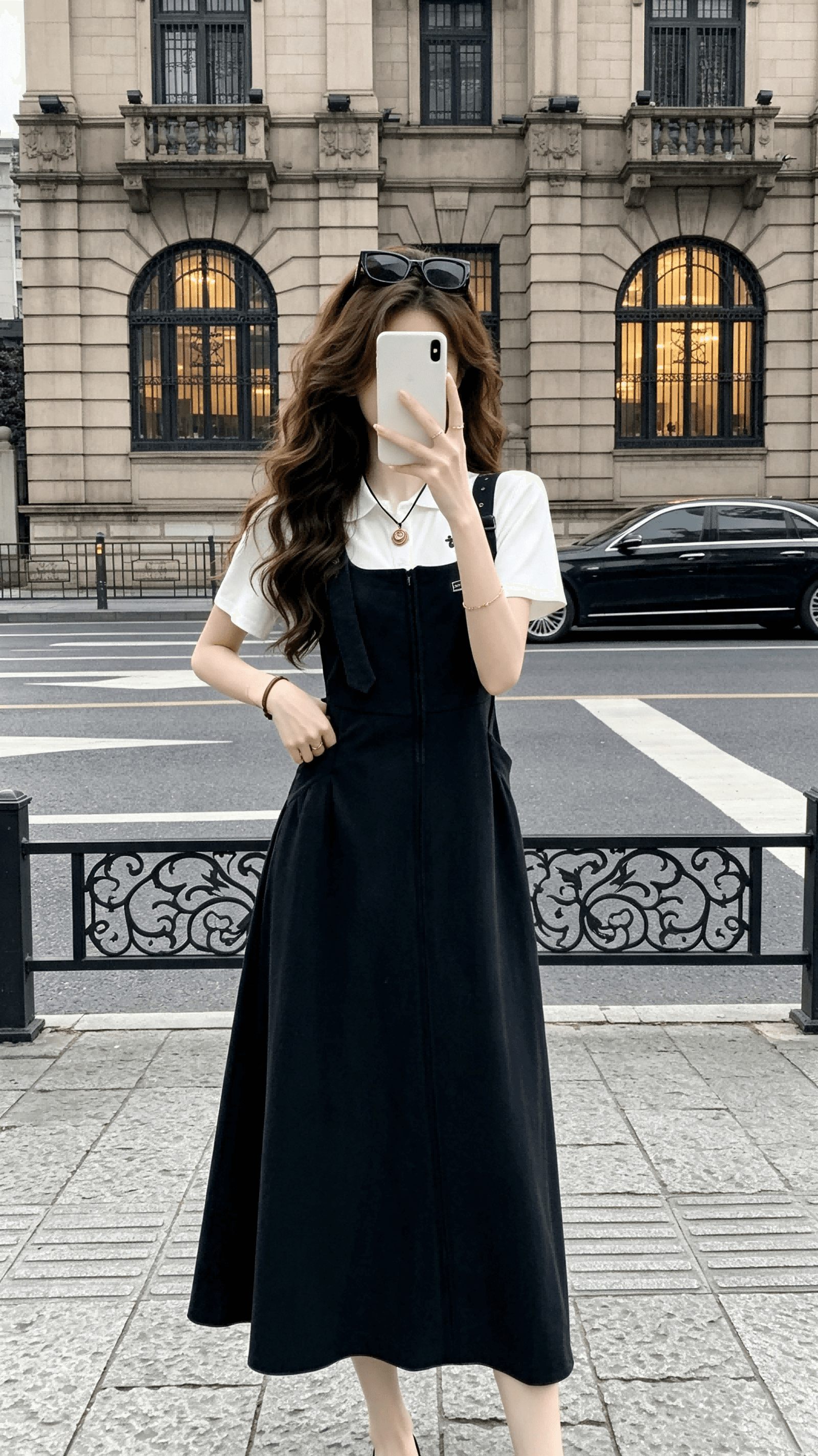 장 소다 2026 여름 새로운 해군 슬림해 보이는 멜빵 드레스 화이트 티셔츠 반팔 연령 감소 두 조각 여성 세트 상세 이미지 6