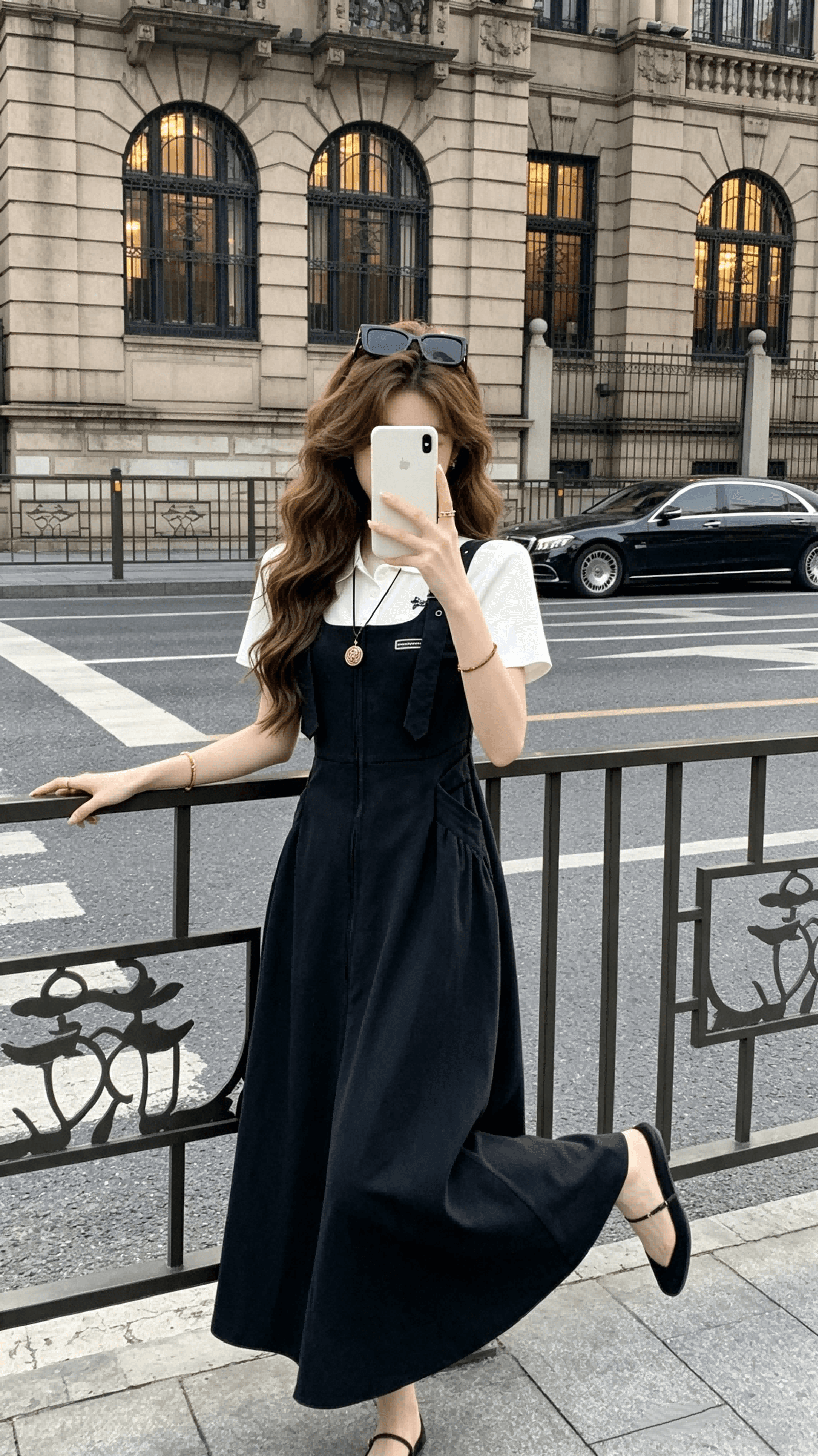 장 소다 2026 여름 새로운 해군 슬림해 보이는 멜빵 드레스 화이트 티셔츠 반팔 연령 감소 두 조각 여성 세트 상세 이미지 7