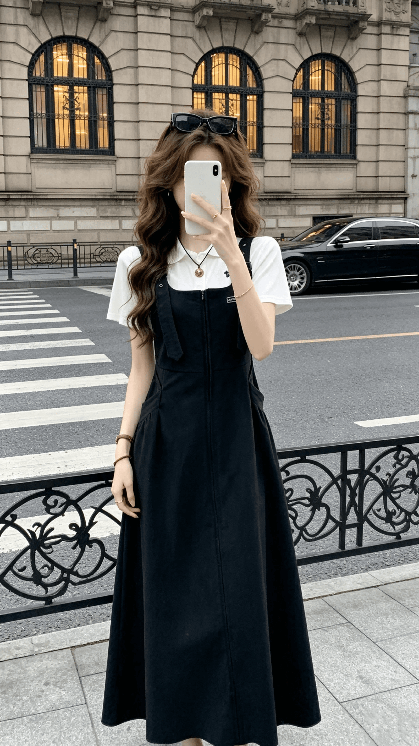 장 소다 2026 여름 새로운 해군 슬림해 보이는 멜빵 드레스 화이트 티셔츠 반팔 연령 감소 두 조각 여성 세트 상세 이미지 8