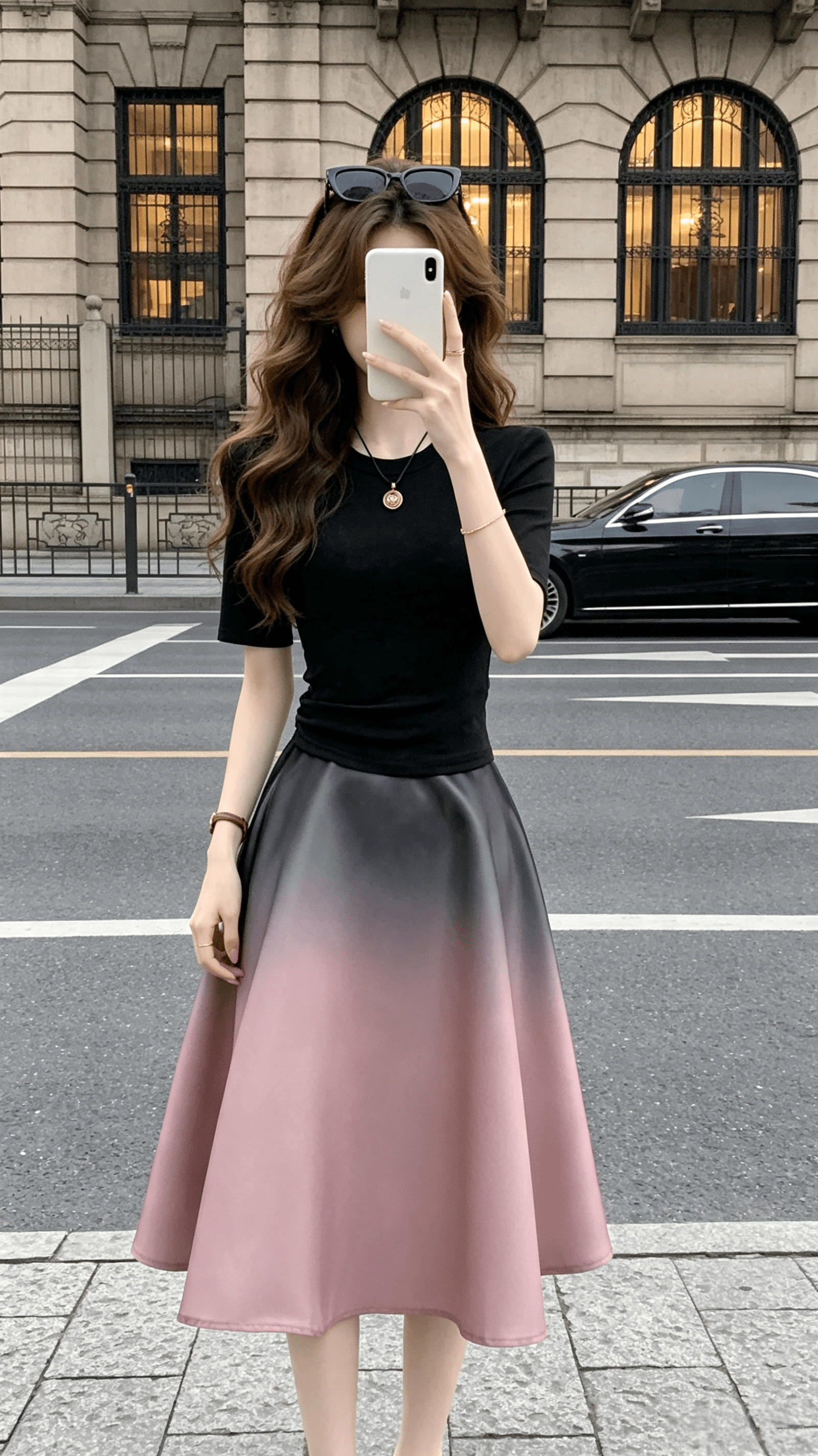 장쑤 저장 및 상하이 천 골드 착용 가져 가라. 초여름 아름다운 작은 샤넬 스타일 품격 헤일로 염색 그라데이션 한 마디 반신 스커트 반팔 세트 여성 이미지 2