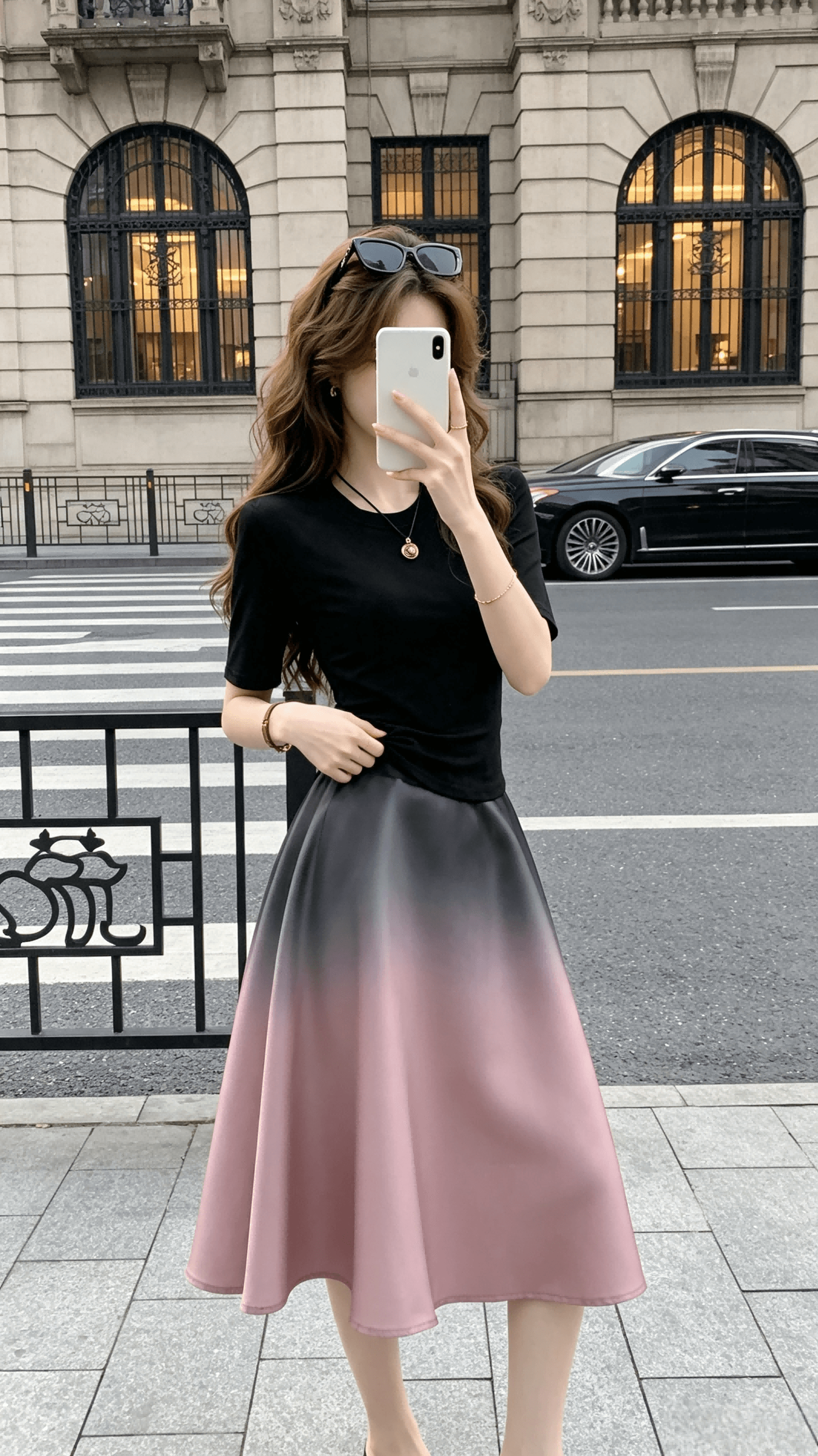 장쑤 저장 및 상하이 천 골드 착용 가져 가라. 초여름 아름다운 작은 샤넬 스타일 품격 헤일로 염색 그라데이션 한 마디 반신 스커트 반팔 세트 여성 상세 이미지 8