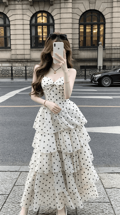 sisi jiang 로마 휴일 프랑스식 휴가 부드러운 도트 무늬 허리 수축 슬림해 보이는 패션 슬립 드레스 이미지 3