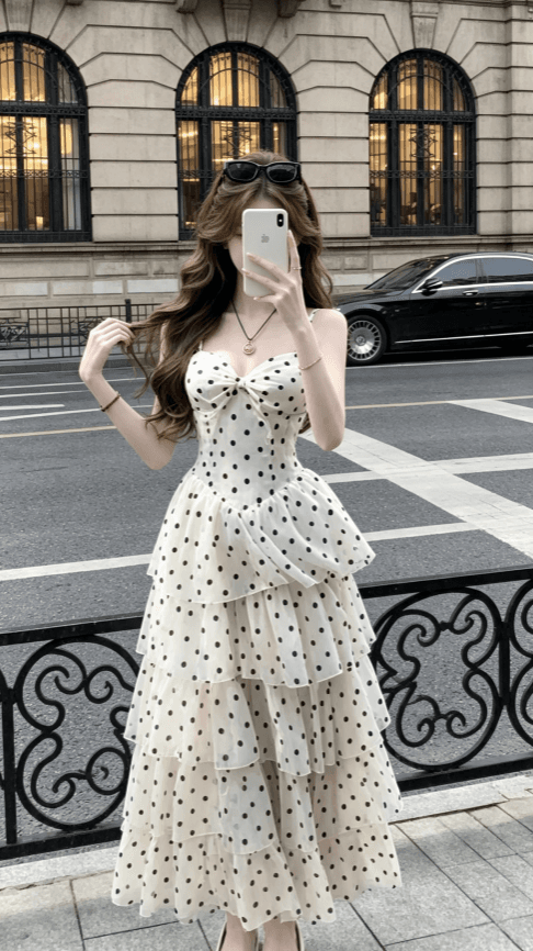 sisi jiang 로마 휴일 프랑스식 휴가 부드러운 도트 무늬 허리 수축 슬림해 보이는 패션 슬립 드레스 이미지 4
