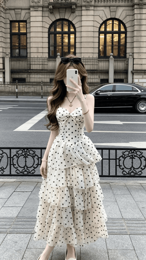 sisi jiang 로마 휴일 프랑스식 휴가 부드러운 도트 무늬 허리 수축 슬림해 보이는 패션 슬립 드레스 상세 이미지 3