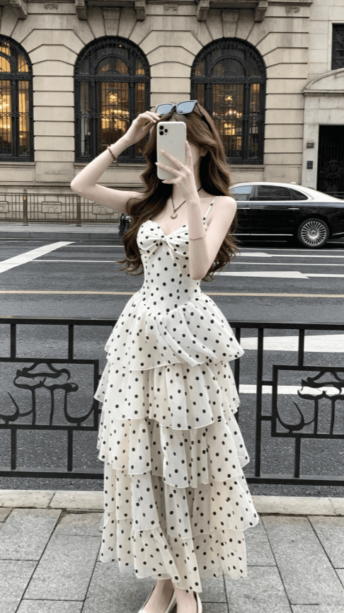 sisi jiang 로마 휴일 프랑스식 휴가 부드러운 도트 무늬 허리 수축 슬림해 보이는 패션 슬립 드레스 상세 이미지 6