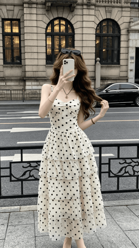 sisi jiang 로마 휴일 프랑스식 휴가 부드러운 도트 무늬 허리 수축 슬림해 보이는 패션 슬립 드레스 상세 이미지 10