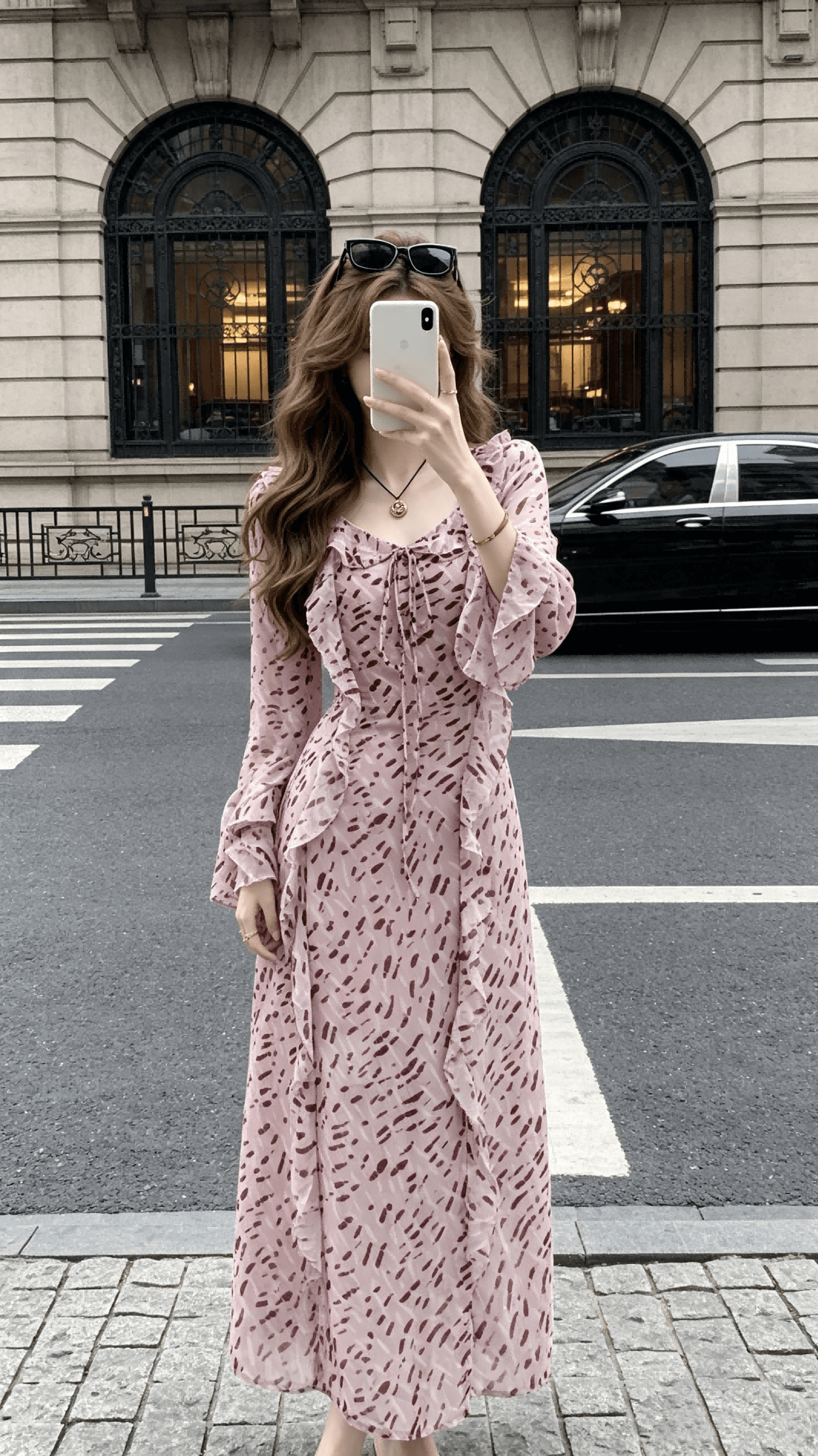 hi 아름다움 송 아 탑 리 아시아 인 세련된 휴가 바람 프릴 레이스업 나팔 소매 트임 프린트 여성 드레스