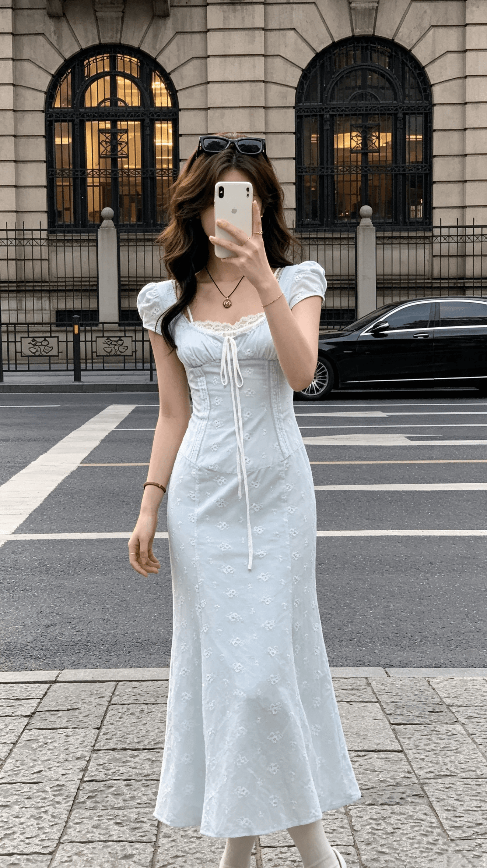 순면 광장 칼라 허리 수축 레이스 조각 길다 쇼트 스타일 여성 드레스 봄