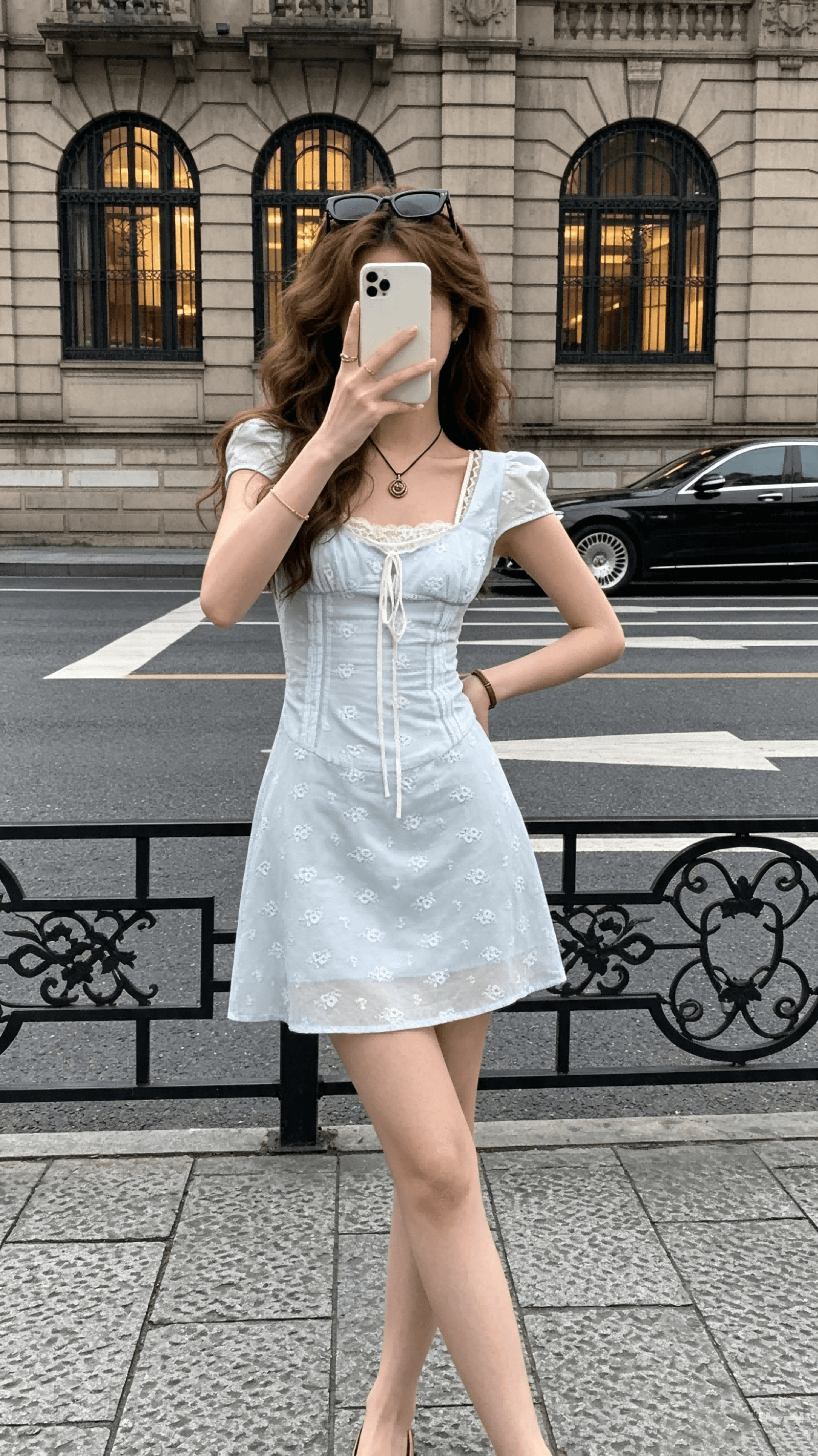 순면 광장 칼라 허리 수축 레이스 조각 길다 쇼트 스타일 여성 드레스 봄 상세 이미지 10