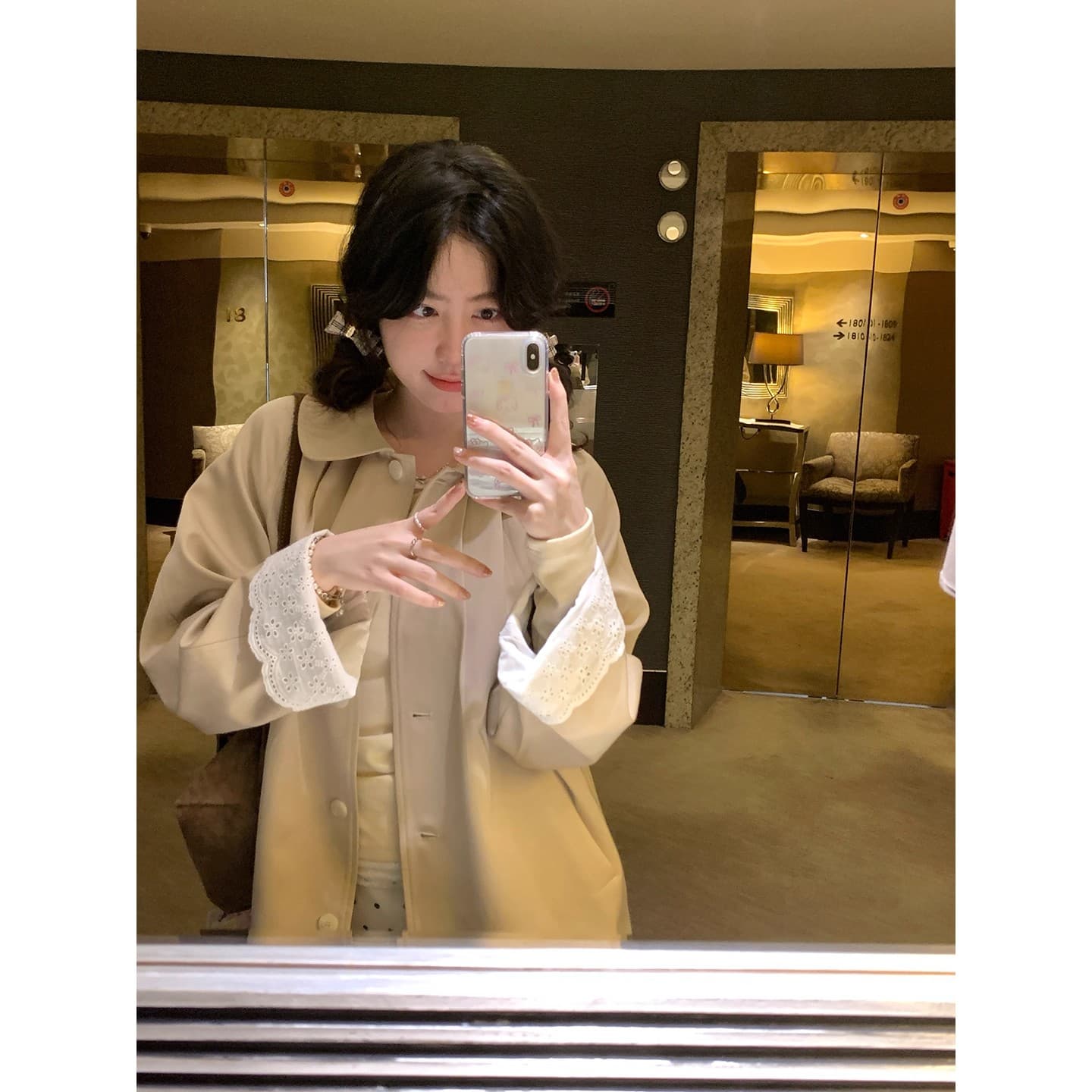 ptonumi 롱 아일랜드 연인 커프스 레이스 패치워크 중간 길이 바람막이 여성 코트 가을 한 부서 폴로 칼라 코트 이미지 4