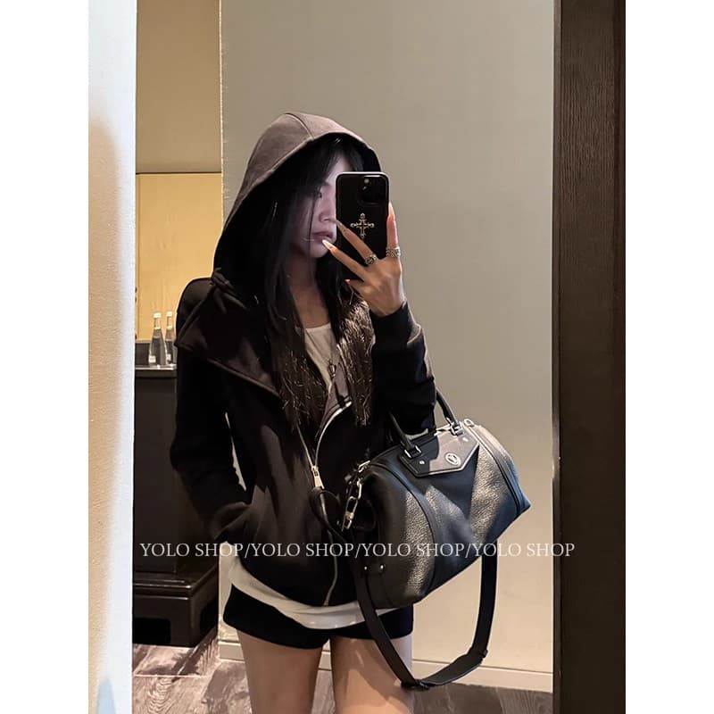 yolo shop 검정색 후드 티 스웨터 여성 몸매 가꾸기 다용도 디자인 센스 폴로 칼라 아메리칸 카디건 코트 맨위 이미지 2