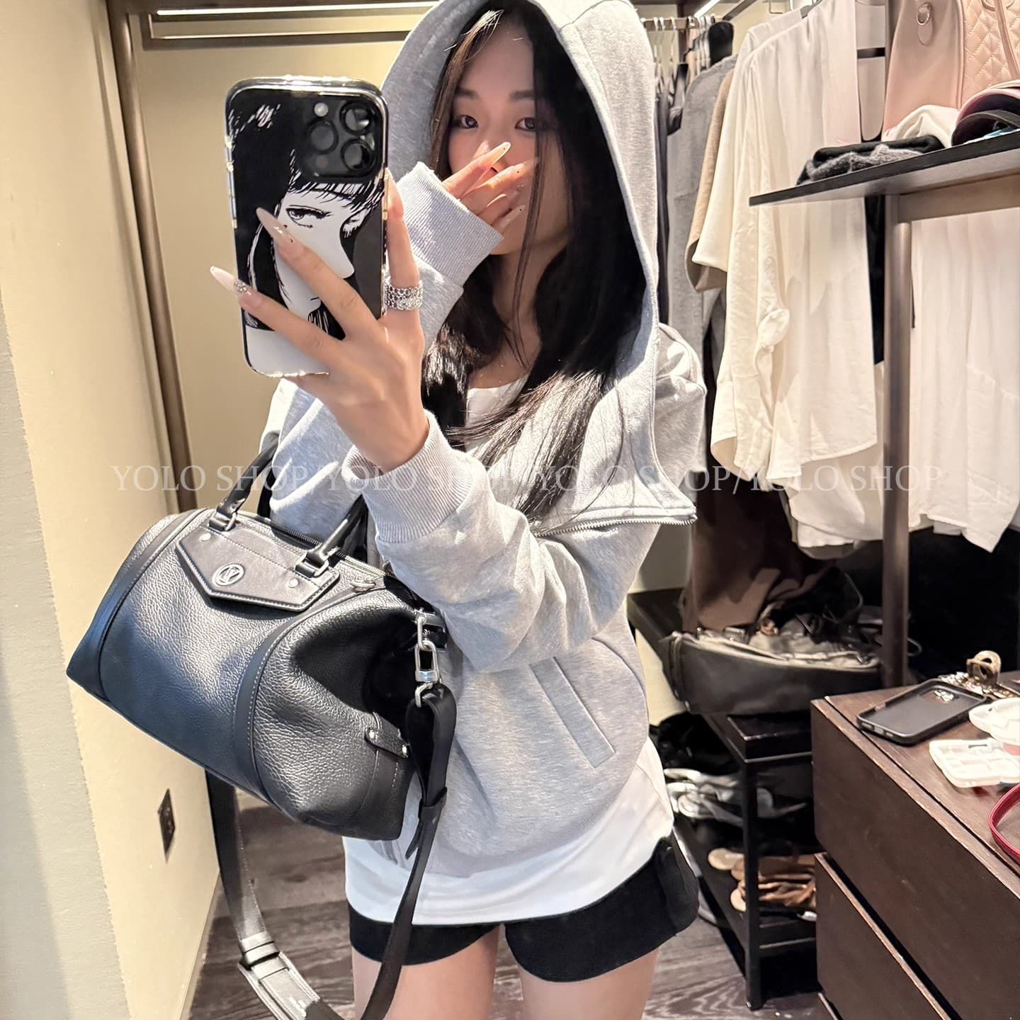 yolo shop 검정색 후드 티 스웨터 여성 몸매 가꾸기 다용도 디자인 센스 폴로 칼라 아메리칸 카디건 코트 맨위 이미지 4