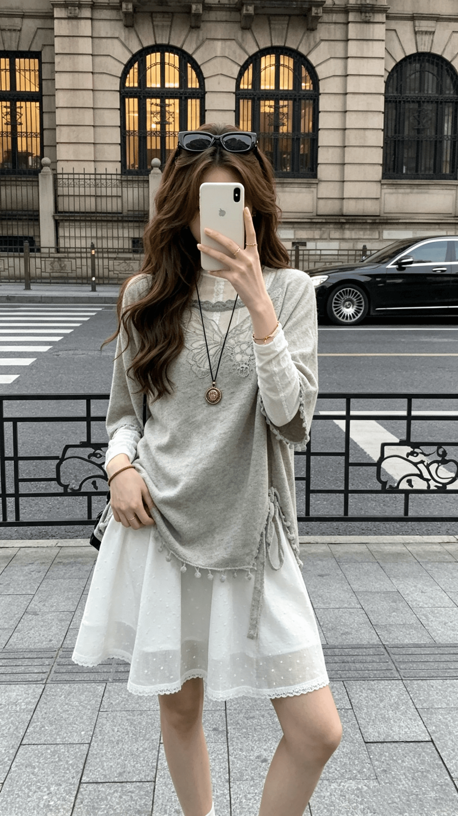 다우 시시 주간 디자인 센스 그을음 나비 술 블라우스 가을 출퇴근 스택 착용 작은 대중 아름다운 점프 슈트 치마 세트 여성 이미지 4