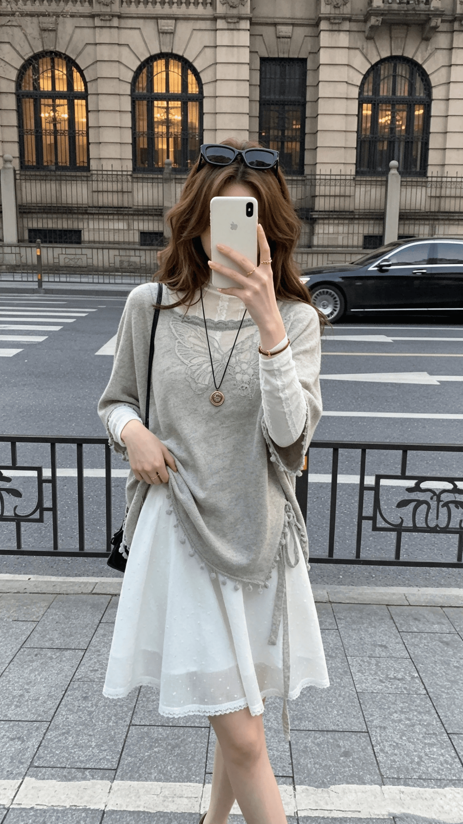 다우 시시 주간 디자인 센스 그을음 나비 술 블라우스 가을 출퇴근 스택 착용 작은 대중 아름다운 점프 슈트 치마 세트 여성 상세 이미지 7