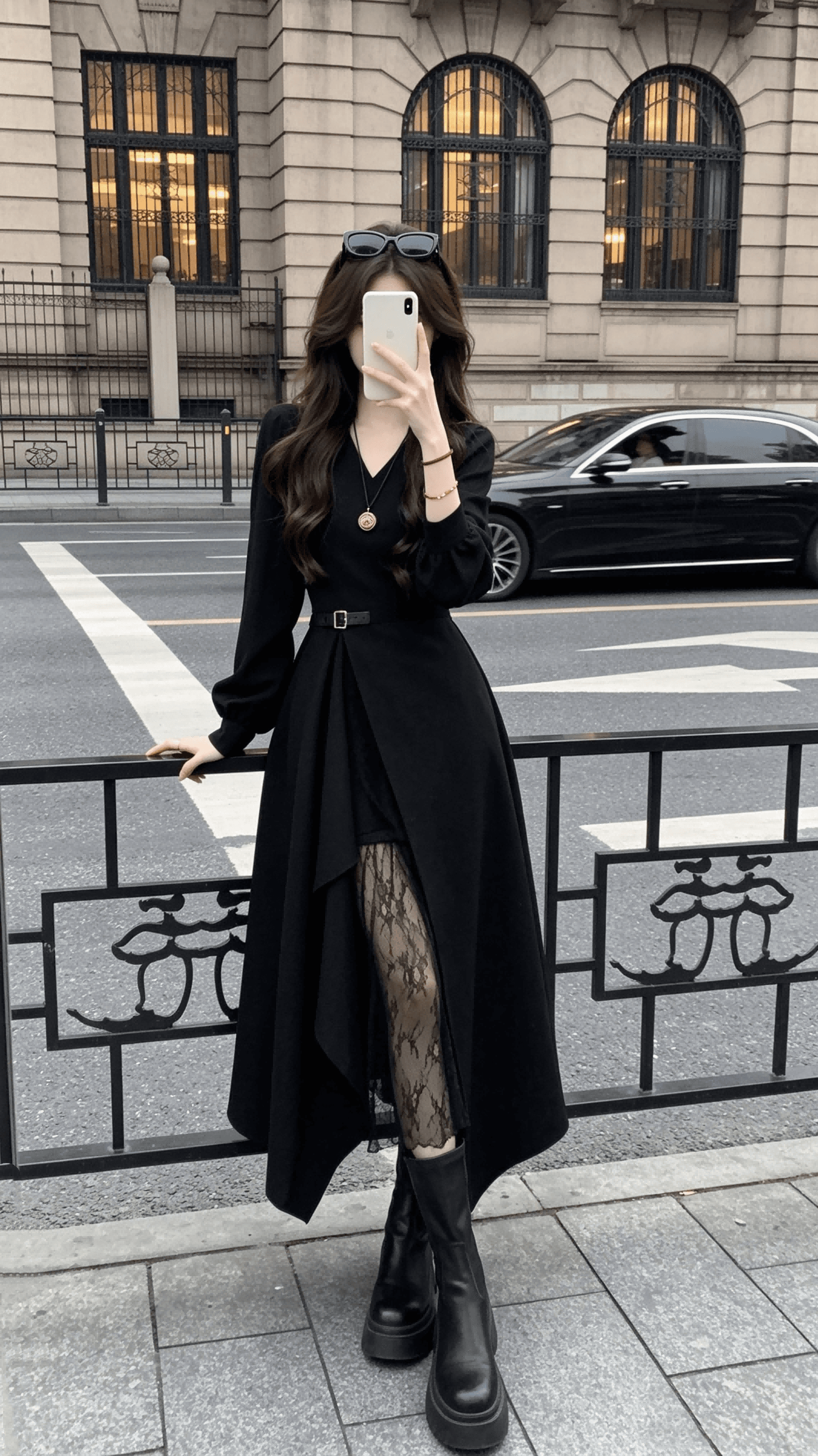 마츠모토 애도 애도 가을 겨울 새로운 패치워크 셔츠 드레스 레이스 비대칭 긴팔 드레스 b253q1603 이미지 2