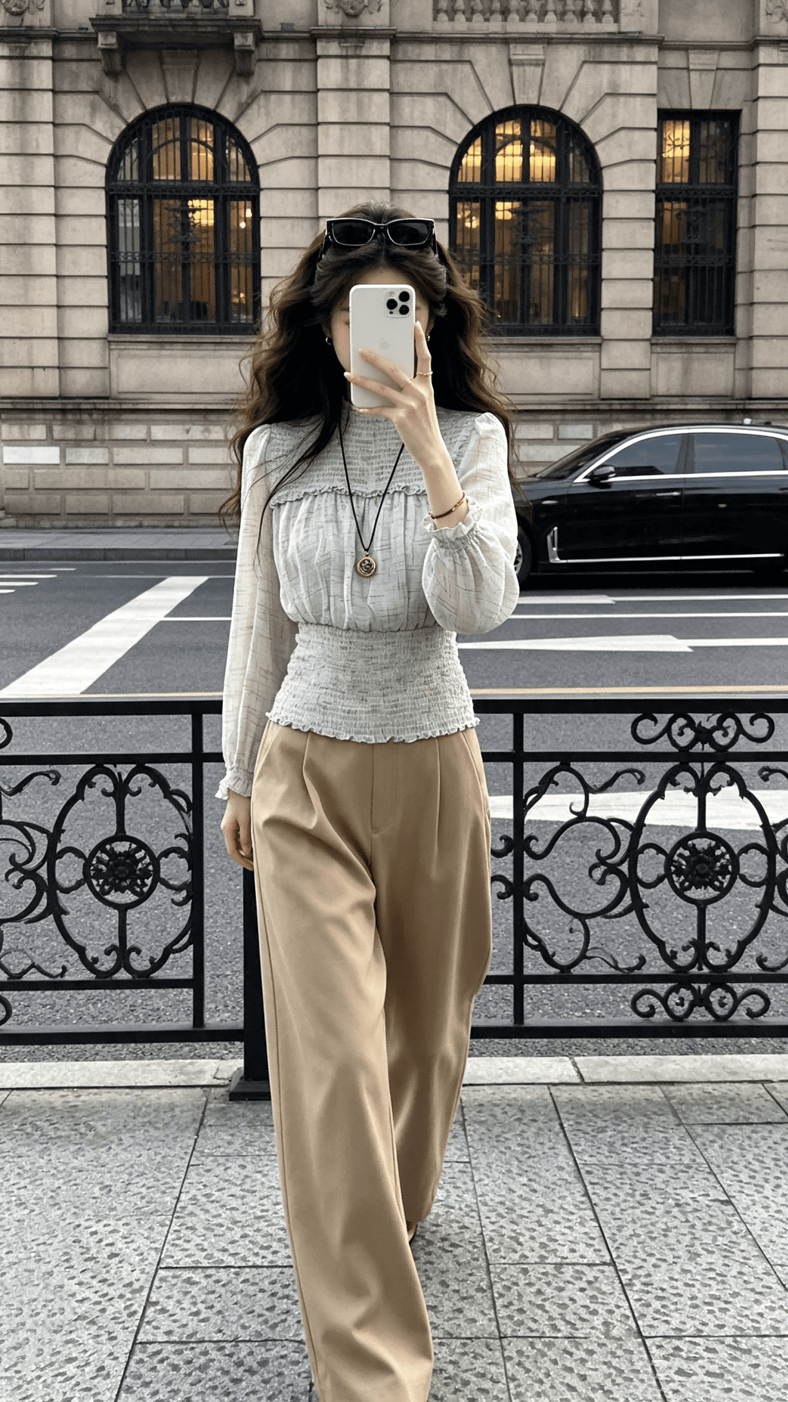 찬양하다 다우 yuzhi 출퇴근 미니멀리즘 다용도 가을 녹색 라운드 넥 쉬폰 허리 수축 슬림해 보이는 자외선 차단 긴팔 맨위 여성 이미지 2