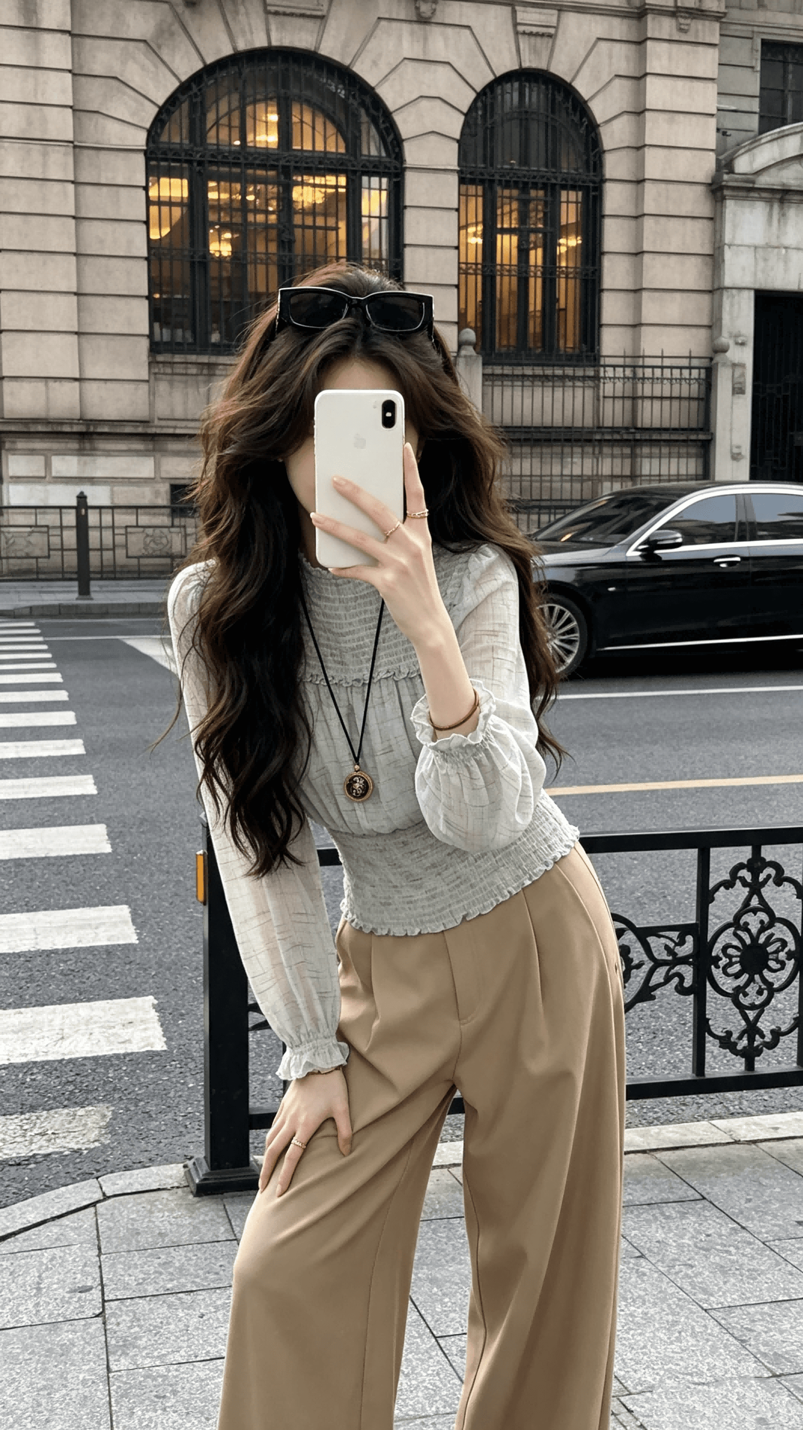 찬양하다 다우 yuzhi 출퇴근 미니멀리즘 다용도 가을 녹색 라운드 넥 쉬폰 허리 수축 슬림해 보이는 자외선 차단 긴팔 맨위 여성 상세 이미지 6
