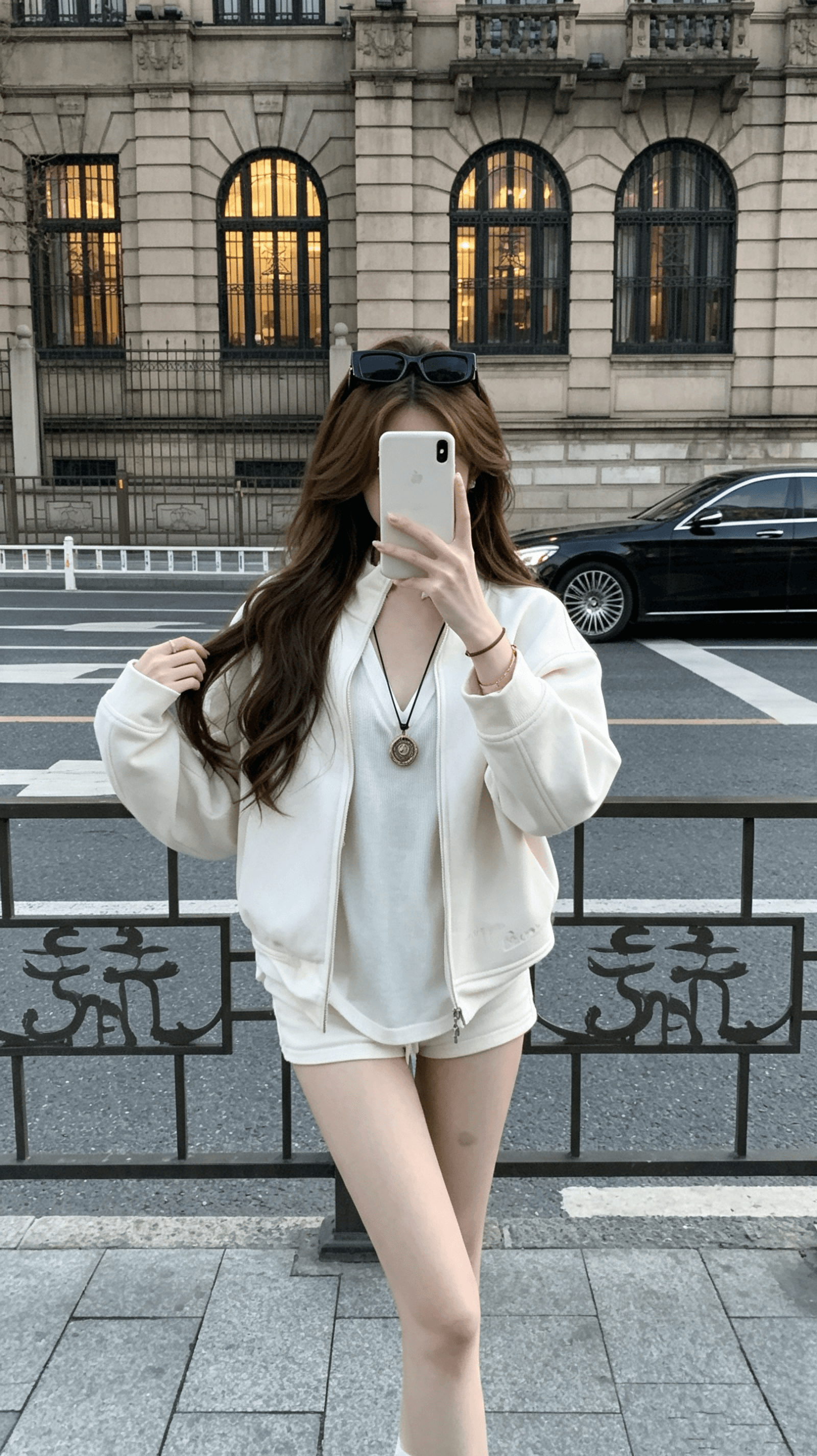 coolline 숲 희 캘리포니아 주 월요일 둘 색상 고유 한 자수 스탠드 칼라 후드티 세트 여성 하이웨이스트 반바지 이미지 4