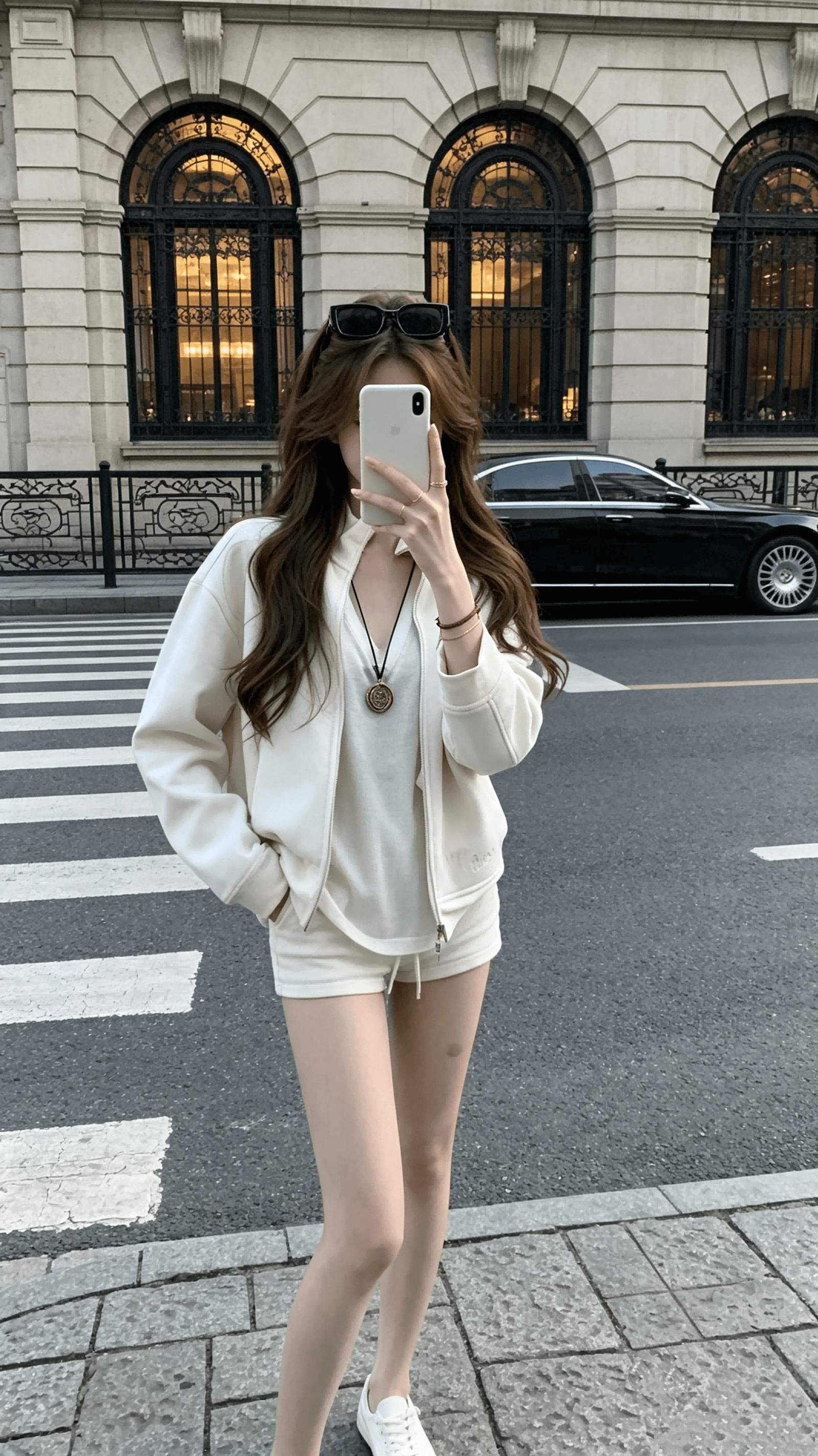 coolline 숲 희 캘리포니아 주 월요일 둘 색상 고유 한 자수 스탠드 칼라 후드티 세트 여성 하이웨이스트 반바지 상세 이미지 4