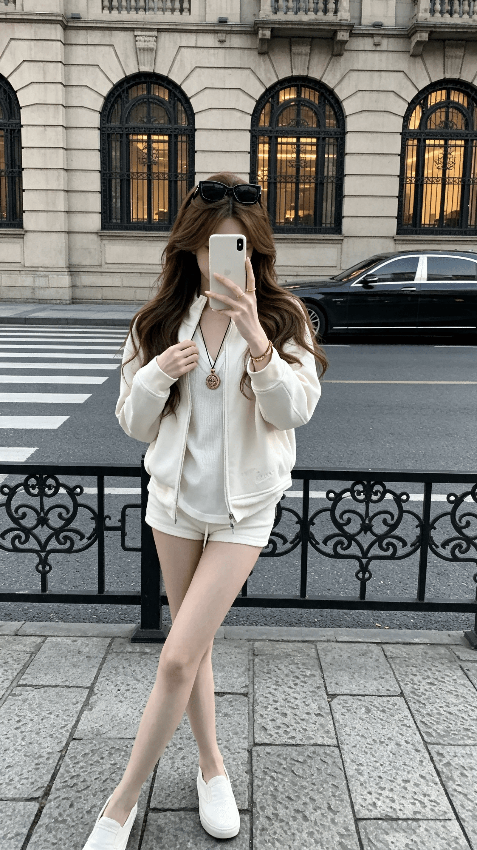 coolline 숲 희 캘리포니아 주 월요일 둘 색상 고유 한 자수 스탠드 칼라 후드티 세트 여성 하이웨이스트 반바지 상세 이미지 7