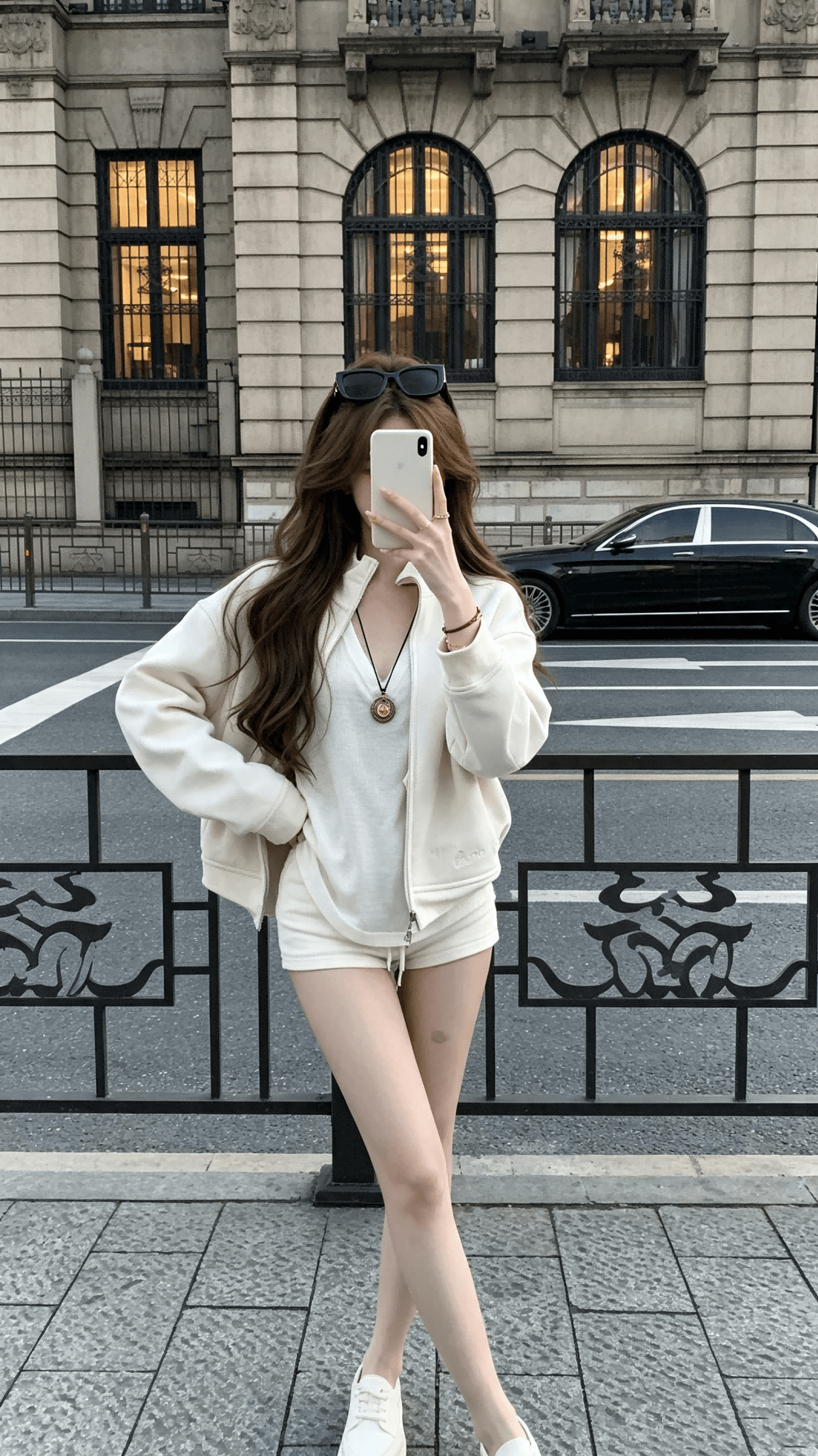coolline 숲 희 캘리포니아 주 월요일 둘 색상 고유 한 자수 스탠드 칼라 후드티 세트 여성 하이웨이스트 반바지 상세 이미지 8